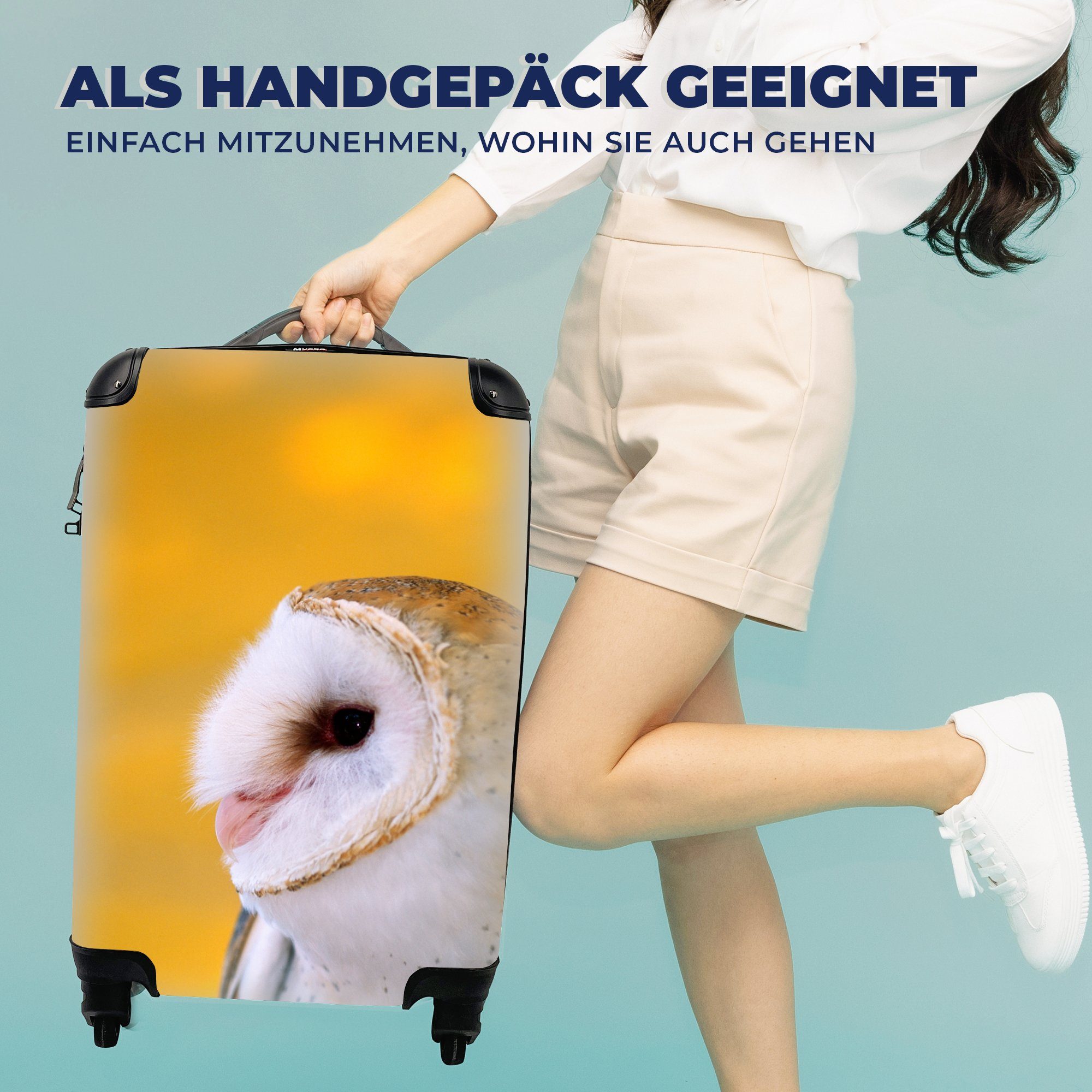 MuchoWow Handgepäckkoffer - mit für rollen, Handgepäck Reisetasche Tier, Rollen, Gelb 4 Trolley, Eule Ferien, Reisekoffer 