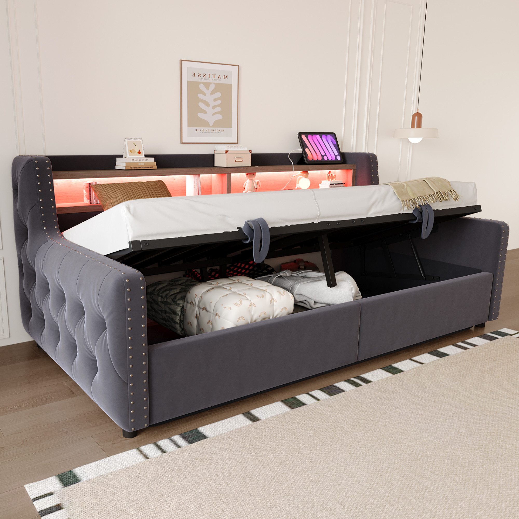 Merax Daybett 90x200cm mit LED-Lichtleiste, Steckdose & USB-Anschluss (Schlafsofa Sofabett Jugendbett Kinderbett Polsterbett, 1 tlg), Tagesbett mit hydraulische – Bild 4 von 5