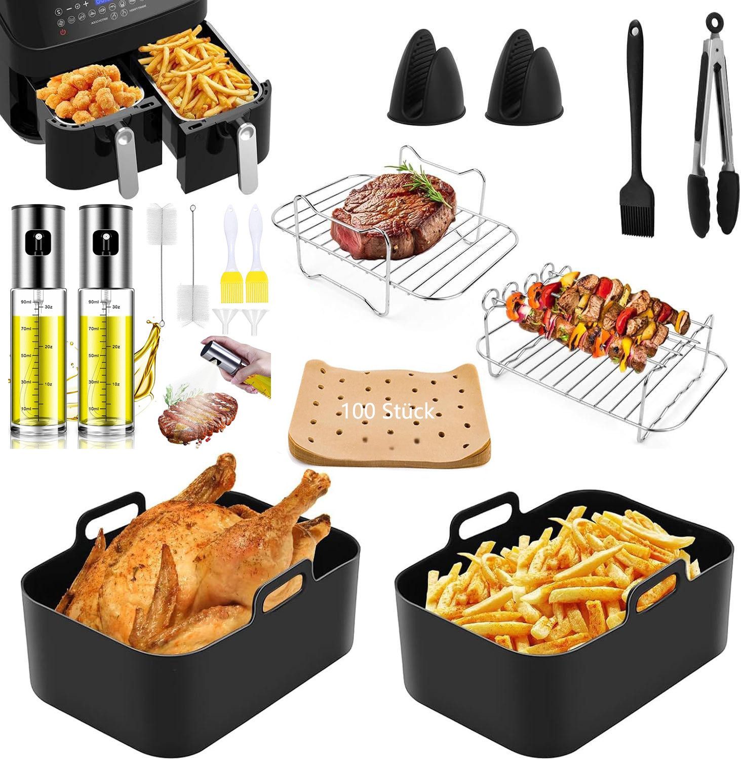 Refined Living Backform Airfryer Zubehör 9-tlg Set + 2er Öl-Sprüher Set, BPA-frei, (Heißluftfritteuse Zubehör Set,Silikonformen, Öl Sprühflasche,Ölpumpe,Essig Sprüher,Öl Flasche für Küche, 100 Blatt Fettfreies BackpapierEdelstahl Rack, Spieße, Fritteusen