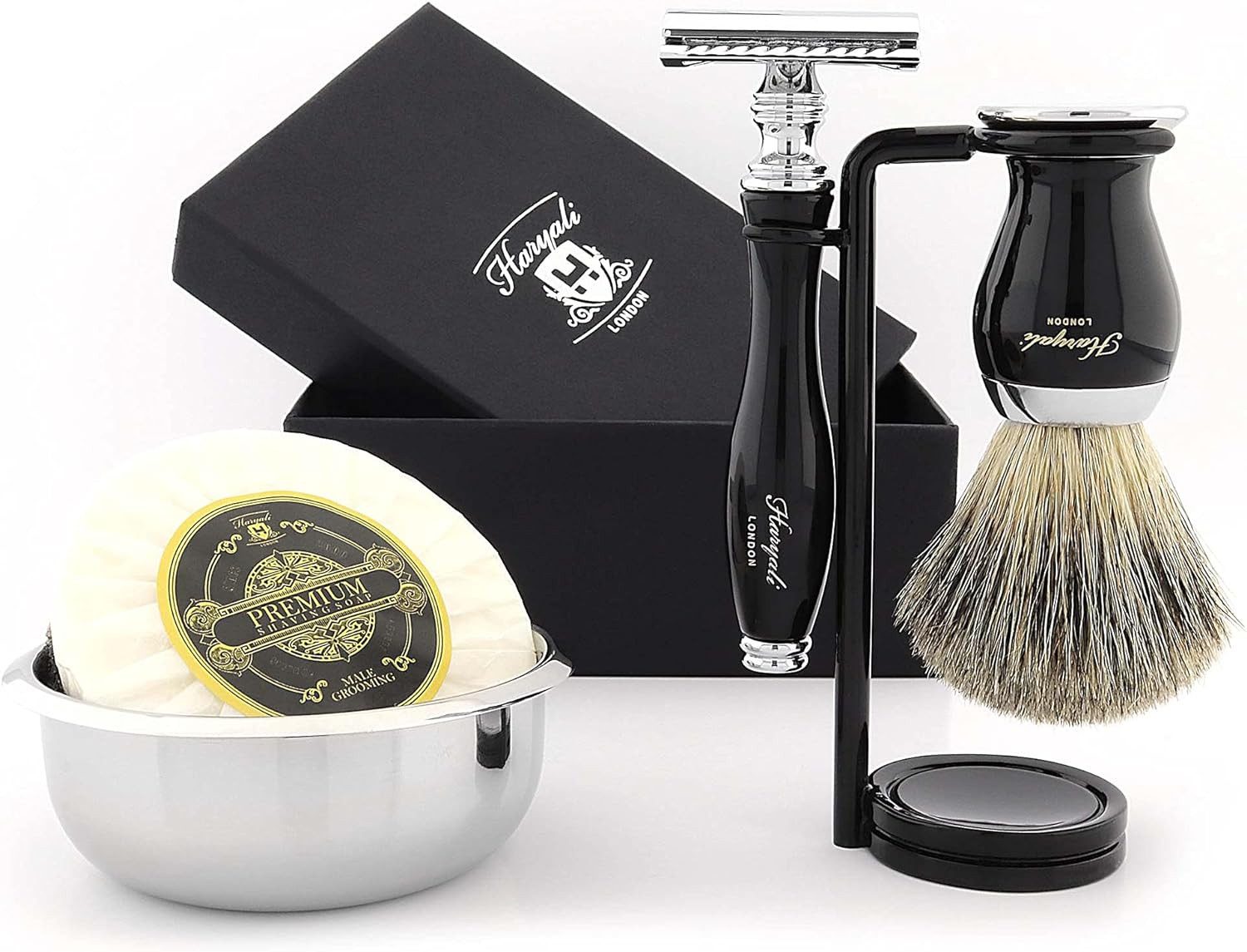 Haryali London Rasierset Luxuriöses 5-teiliges manuelles Rasierset für die Herrenpflege, 5-tlg., Бритвы, Dachshaarpinsel, Doppelständer, Schale, Rasierseife, Ideales Rasierset oder Geschenk für Männer