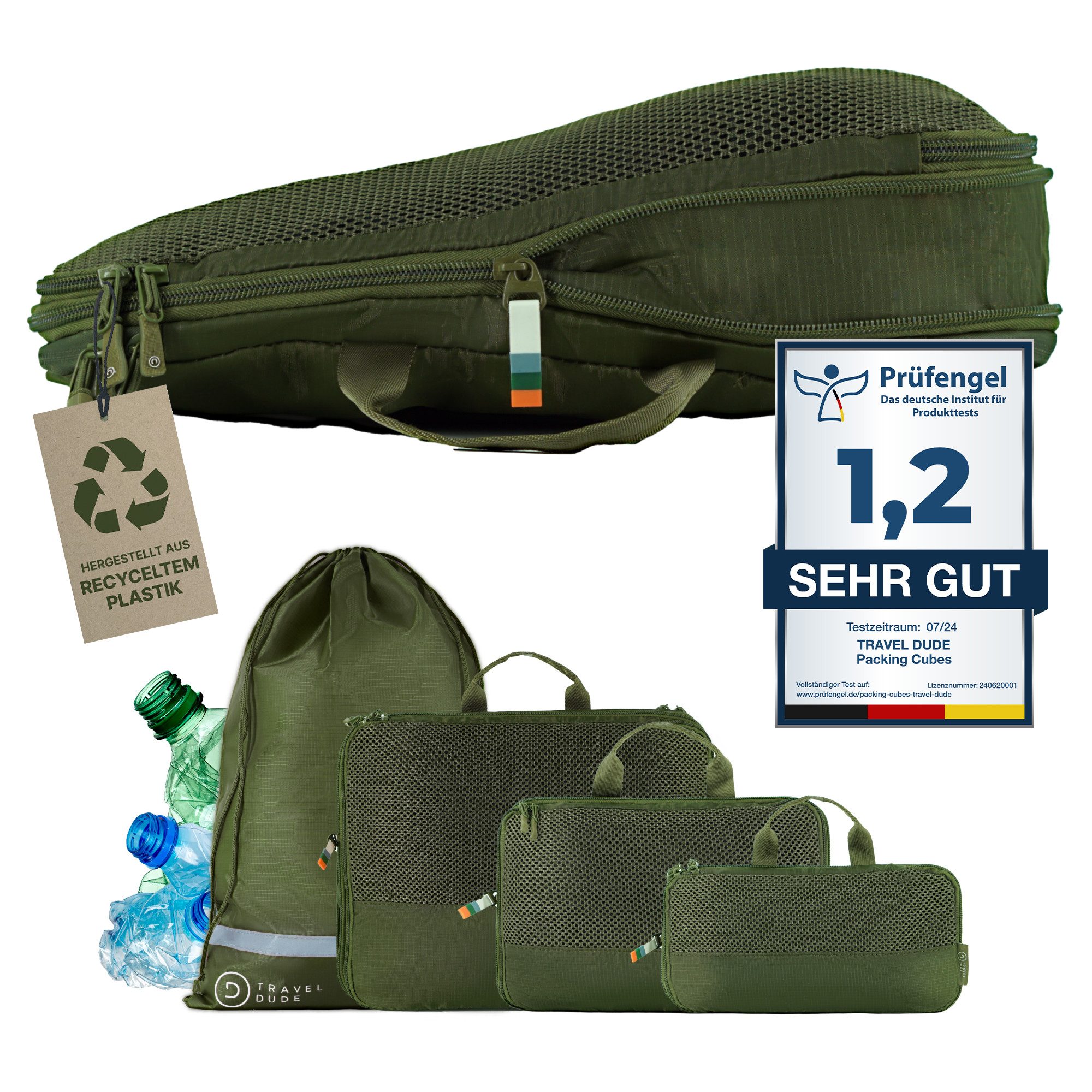 TRAVEL DUDE Kofferorganizer, Packing Cubes aus recycelten Plastikflaschen (ultraleichte Packwürfel, 4-tlg., Packing Cubes für Rucksack und Koffer, Packtaschen), mit Kompression und einem Nassfach