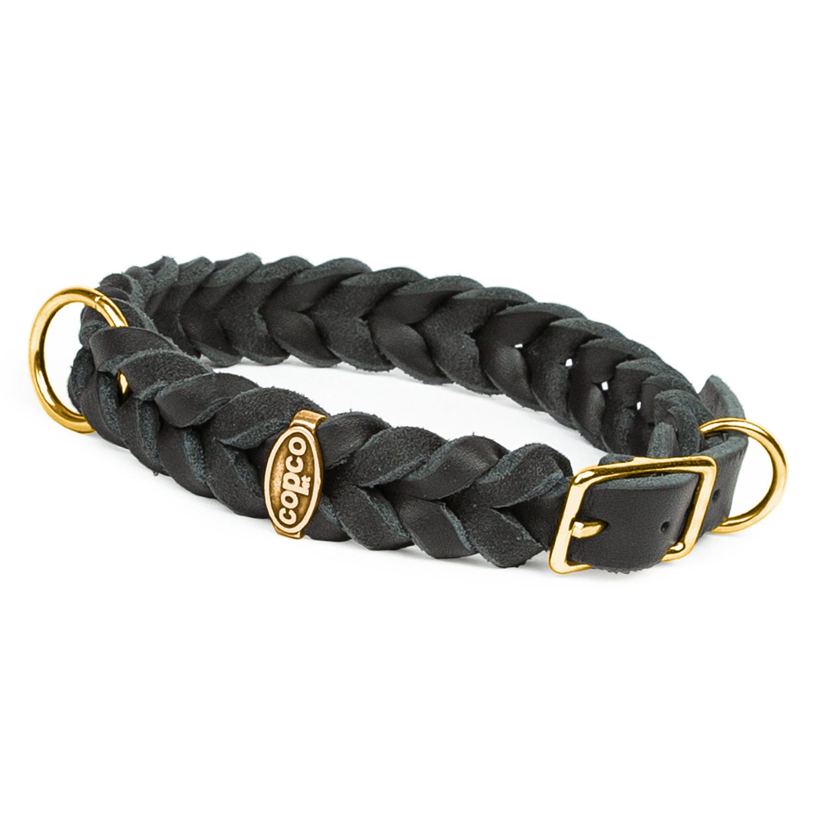 CopcoPet Hunde-Halsband Fettlederhalsband mit Dornschließe verchromt und Messing, Messing, Leder, Geflochten, Handarbeit