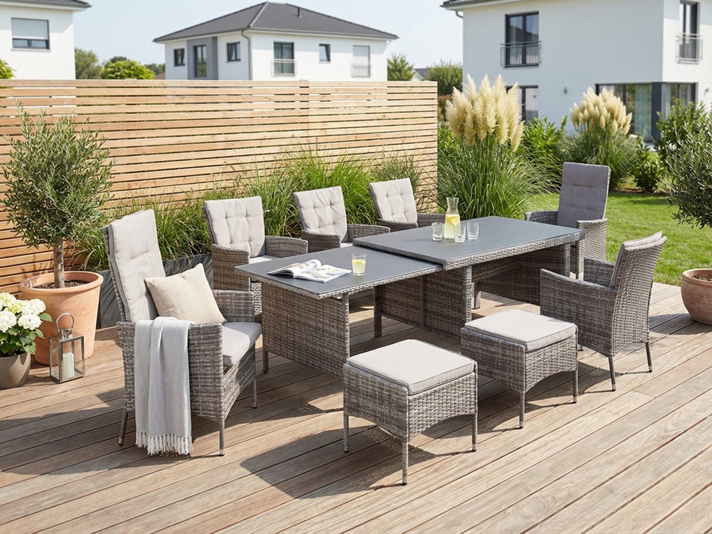KONIFERA Garten-Essgruppe Parla, (Set, 21-tlg., 6xSessel, 1x AZ-Tisch 150-242,5cm,2x Hocker,inkl. Auflagen, Polyrattan), 2 der 6 Sessel sind verstellbar, Grau, Tischplatte aus Sicherheitsglas