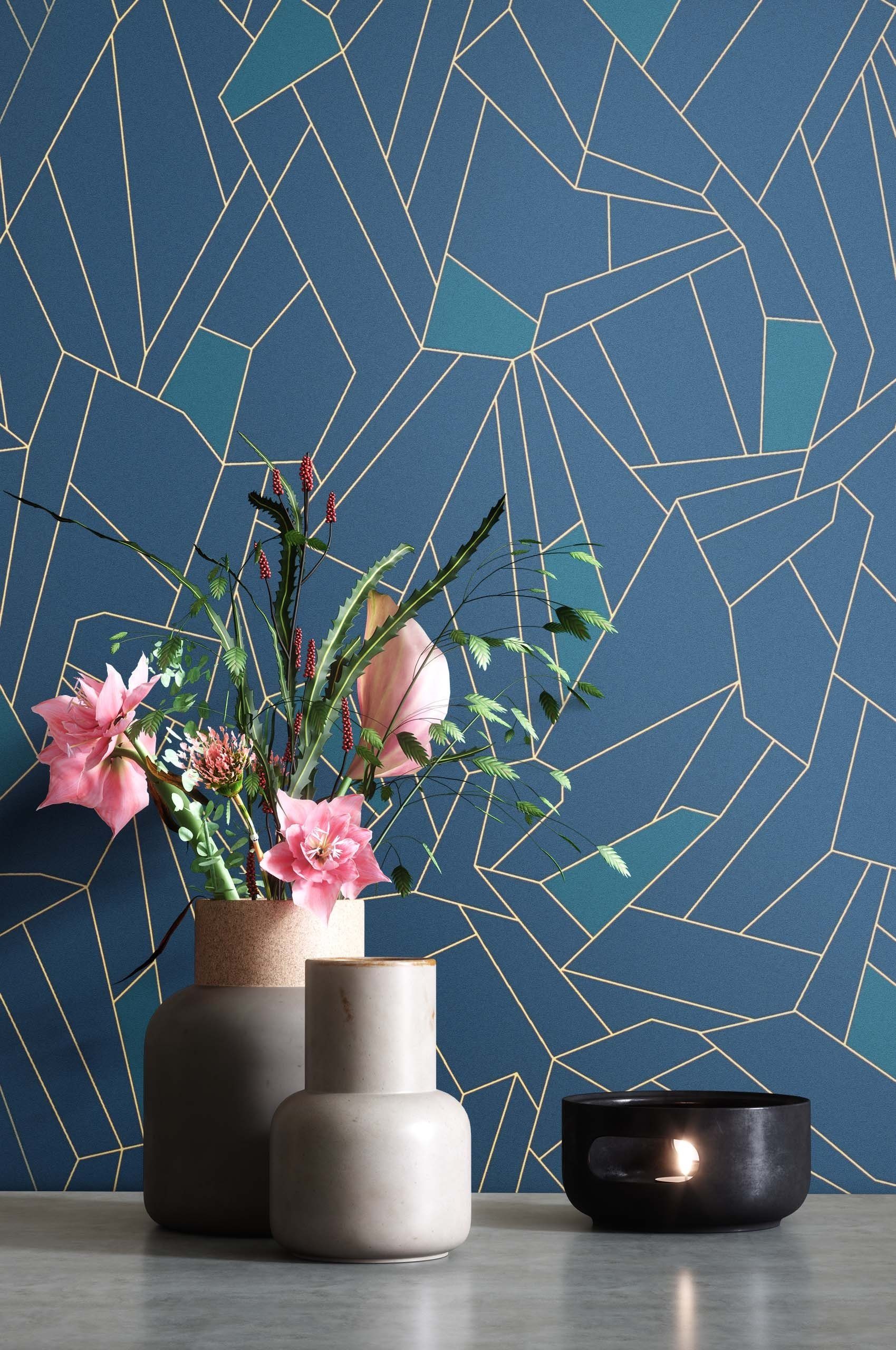 Newroom Vliestapete blau Tapete Grafisch, Blau Geometrisch Grafisch Grafisch - Mustertapete Gold Retro Modern für Büro Diele/Flur Schlafen, Mustertapete
