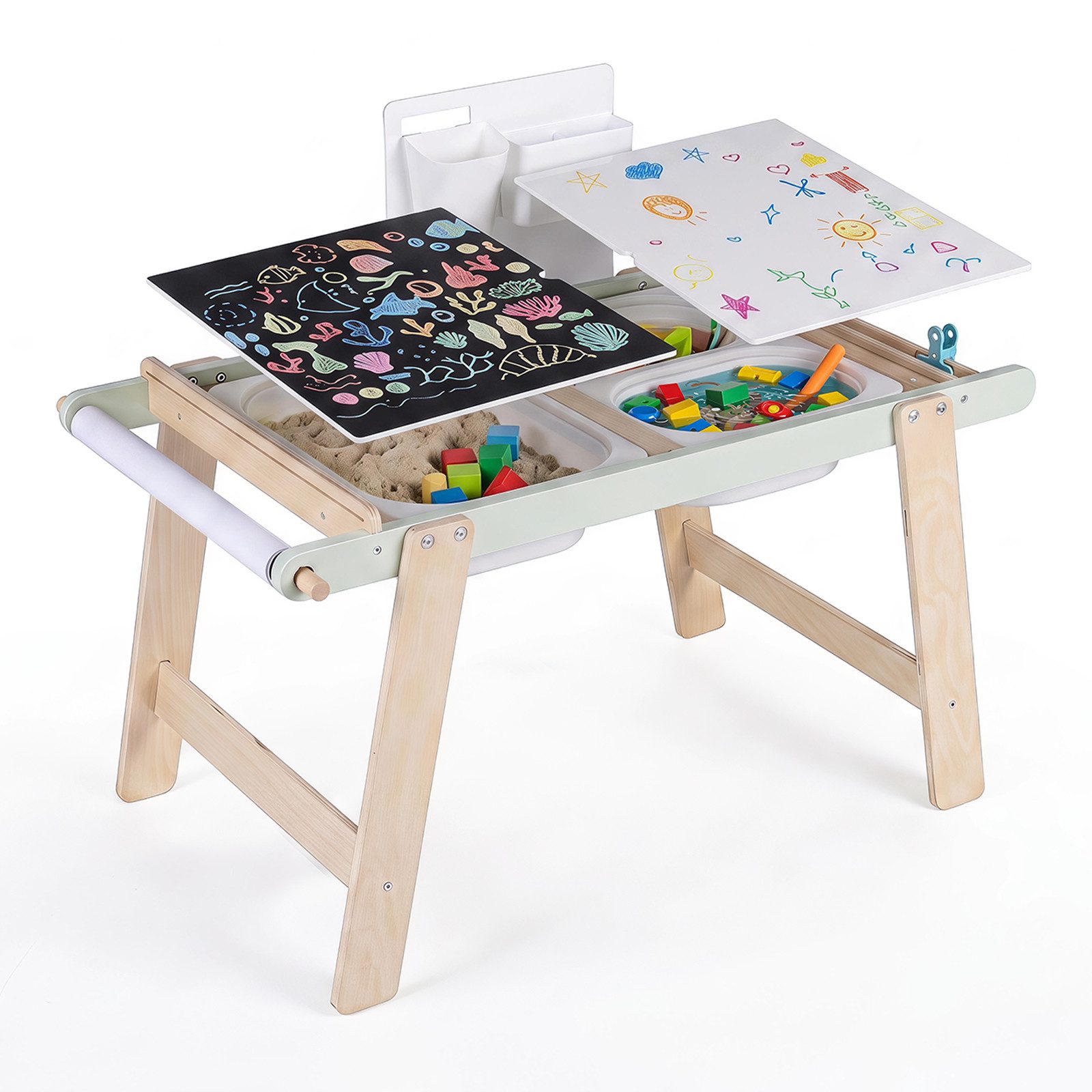 COSTWAY Kindertisch mit doppelseitiger Tischplatte, Spieltisch mit 3 Boxen