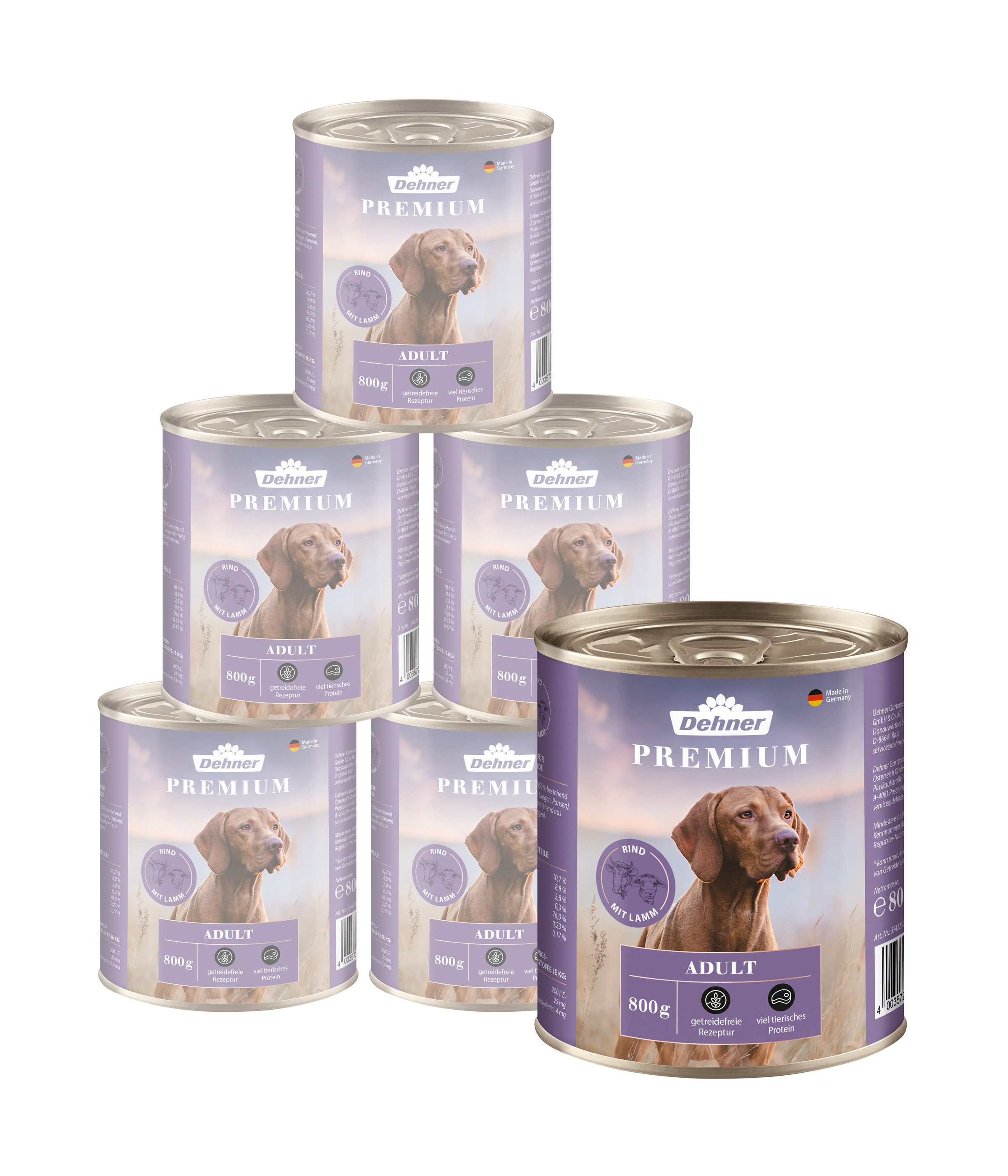 Dehner Premium Adult, versch. Sorten, 6 x 800 g Dose, getreidefrei, Nassfutter für: Hunde, Nassfutter für ausgewachsene Hunde