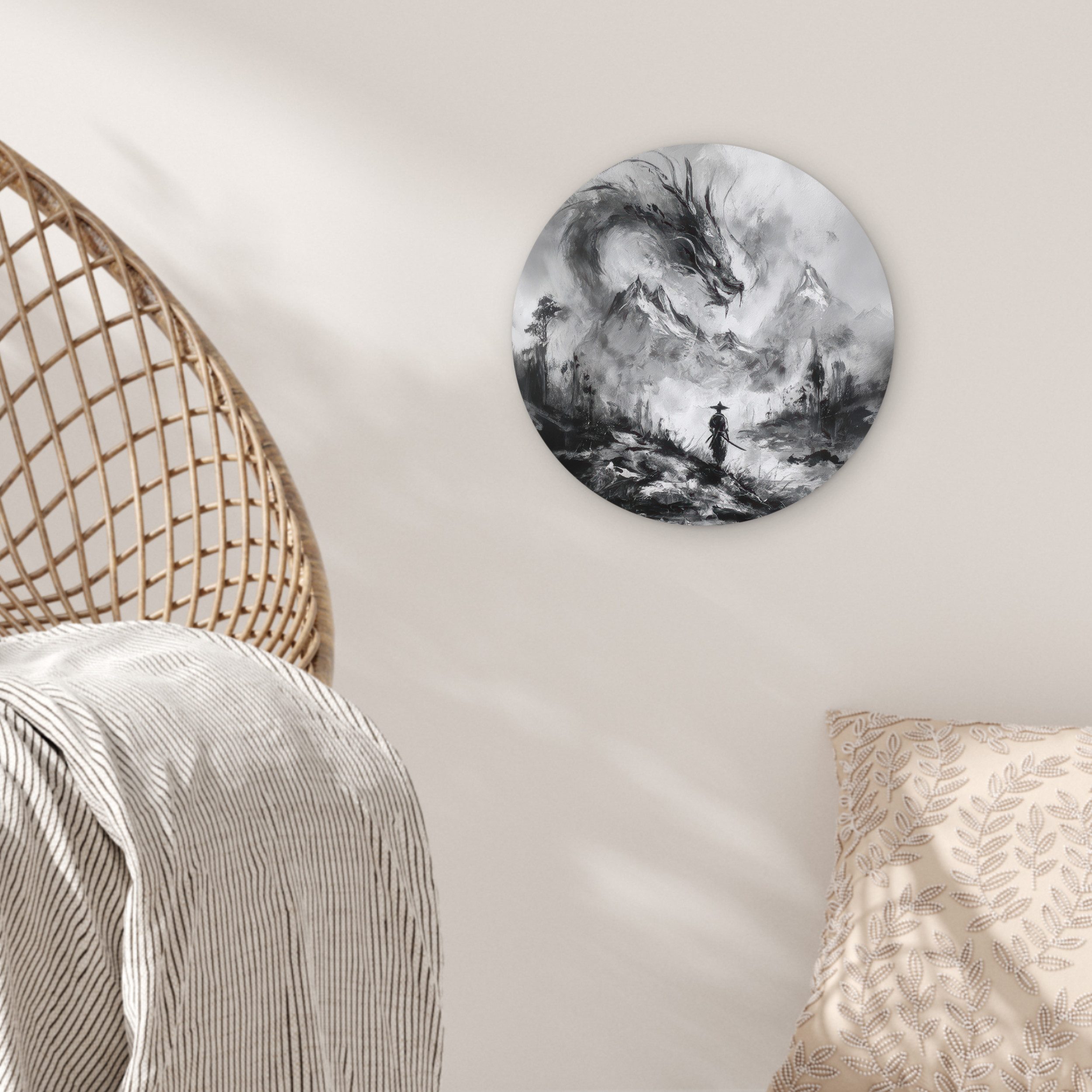 MuchoWow Gemälde Krieger - Drache - Grau, Fotodruck (1 St), Kreis Wanddekoration, Rundes Wandbild, 30x30 cm