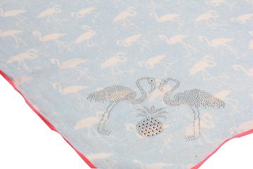 Vanessa & Melissa Modetuch Leichter Damen Schal, quadratisches Tuch mit, exotischem Palmen Pelikan Flamingo Print und Strass Steinchen