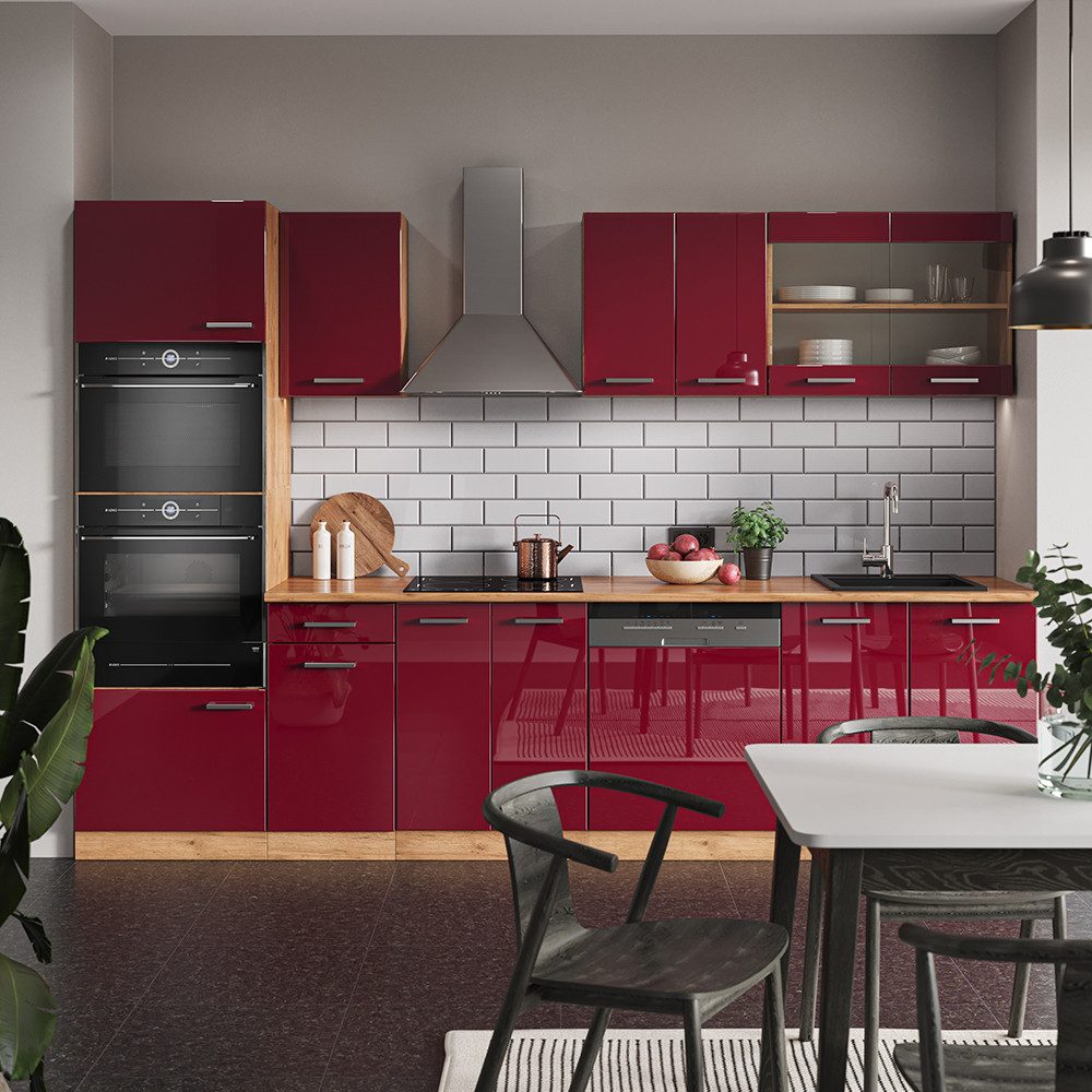 Vicco Küchenzeile R-Line, Rot Hochglanz/Goldkraft Eiche/Goldkraft Eiche, 300 cm mit H...