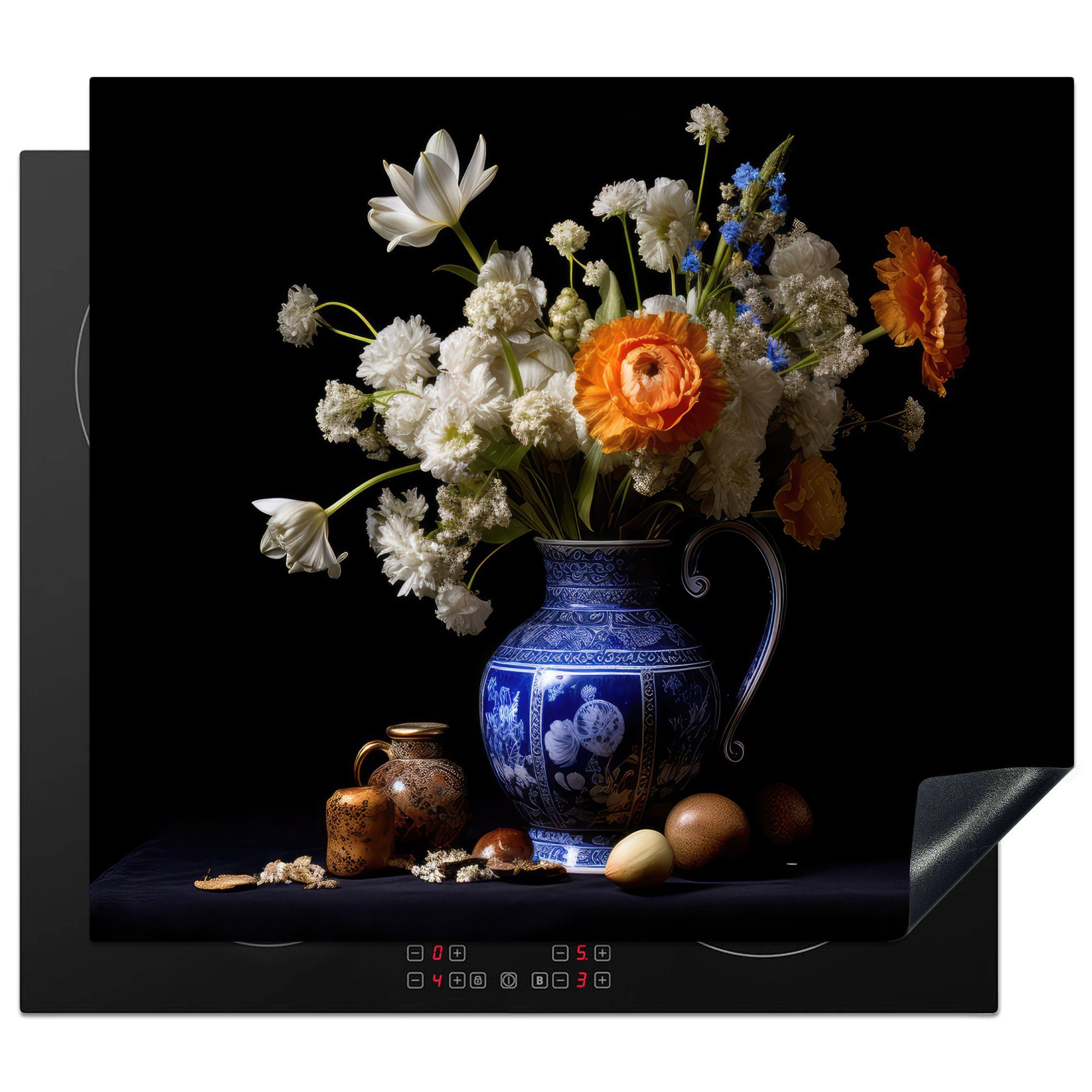 MuchoWow Herdblende-/Abdeckplatte Blumen - Delfter Blau - Krug - Stillleben - Niederländisch, Vinyl, (1 tlg), 60x52 cm, Mobile Arbeitsfläche nutzbar, Ceranfeldabdeckung