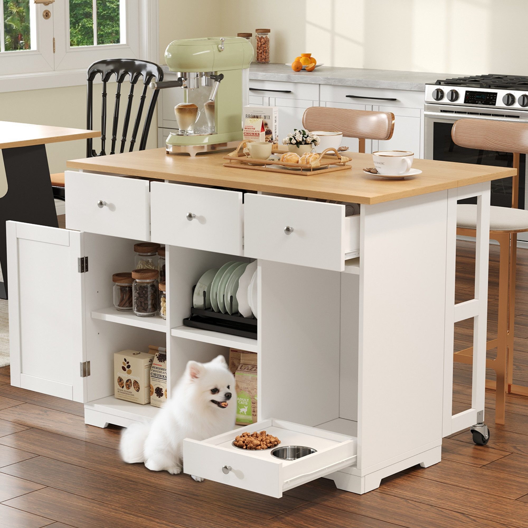 Celya Кухниinsel Кухниwagen, mobiler Servierwagen, Кухниinsel mit Schublade, Кухниschrank mit Haustierfressnapf/Haustieressbereich