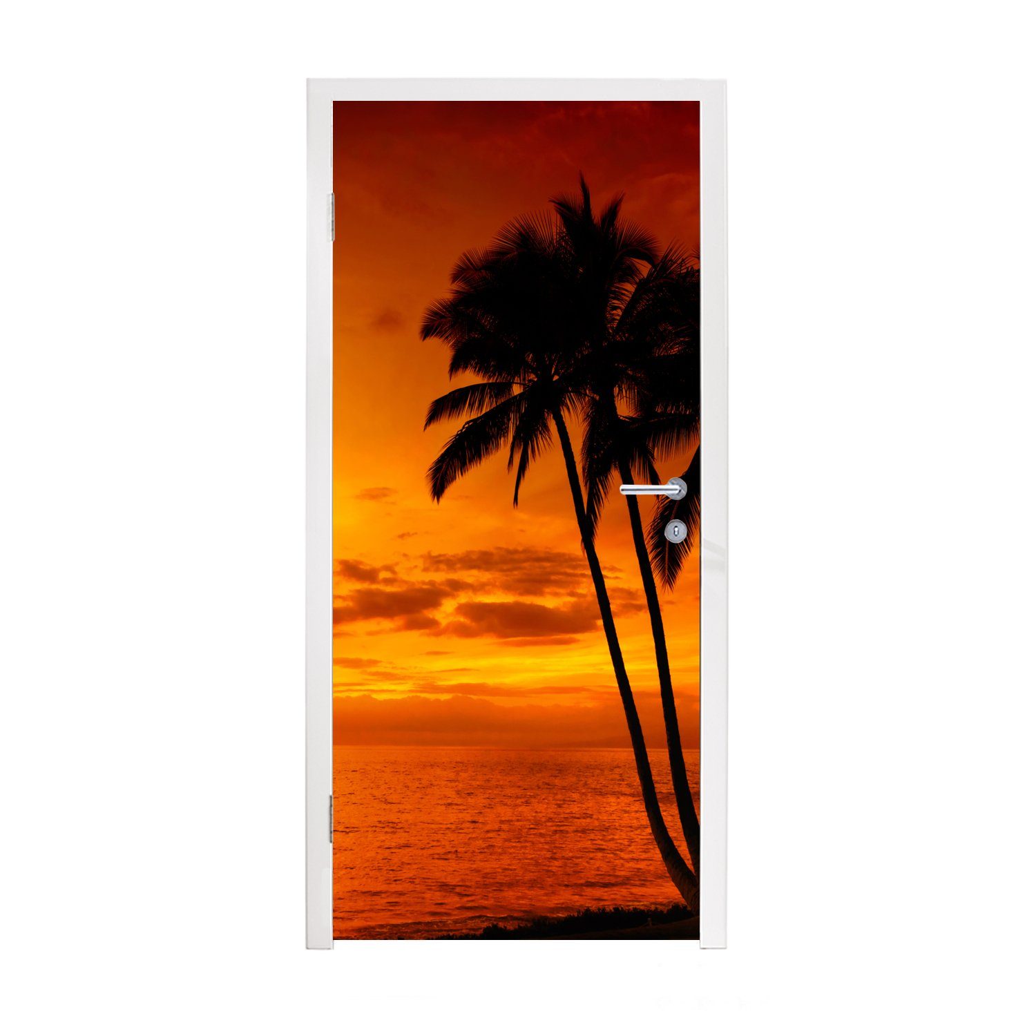 MuchoWow Türtapete Palme - Sonnenuntergang - Tropisch - Orange - Meer, Matt, bedruckt, (1 St), Fototapete für Tür, Türaufkleber, 75x205 cm