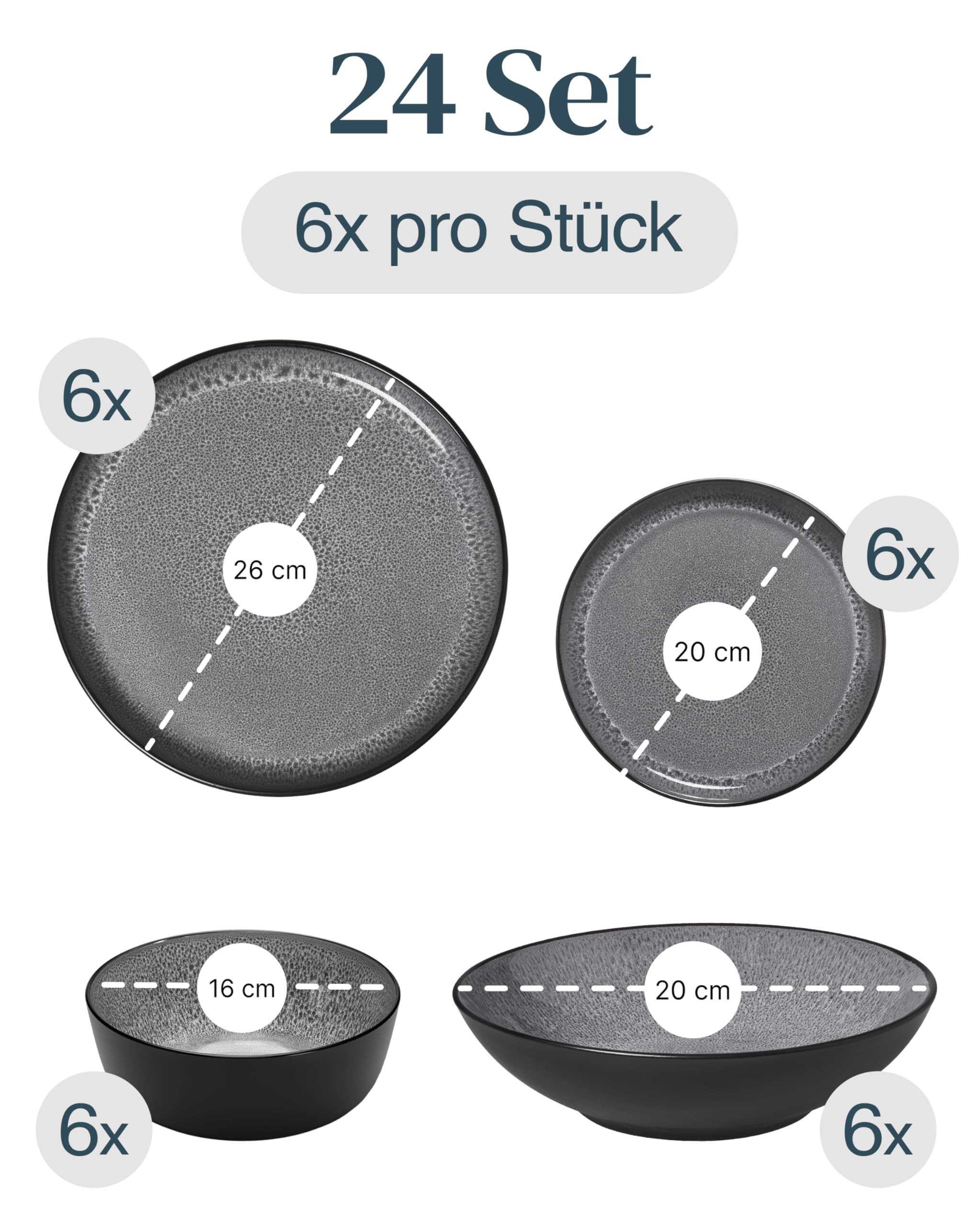 PURE LIVING INTERIOR DESIGN Geschirr-Set 6 Pers. - Hochwertiges Steingut Geschirr Set (24-tlg), 6 Personen, Steingut, Geschirr Set - Schüssel- und Teller Set - Tafelservice 6 Personen