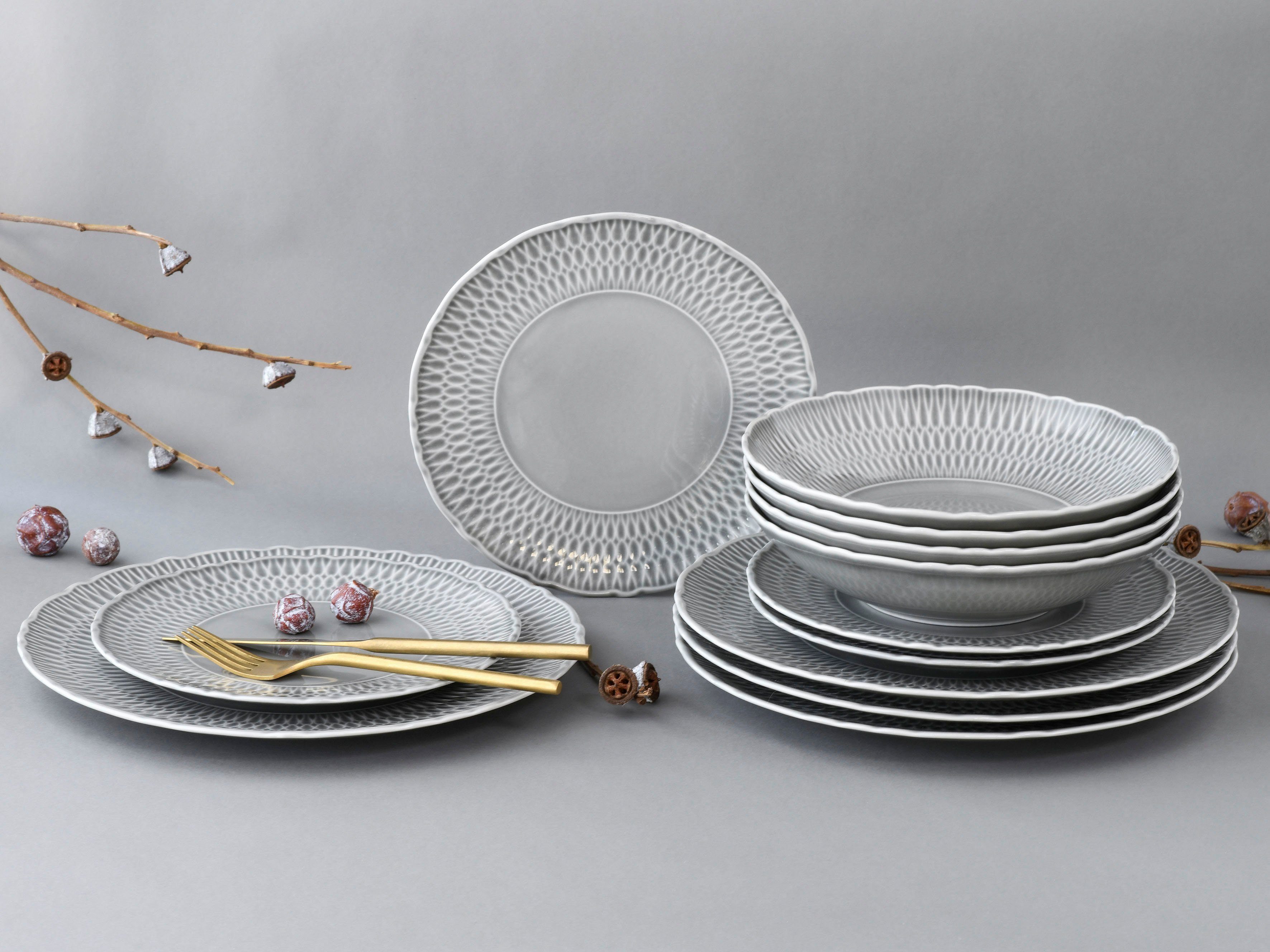 Personen CreaTable Teller-Set für elegantes grau klassisch Geschirr-Set (12-tlg), Porzellan, Teile, 4 Personen, Service, 12 4 Relief, Sofia