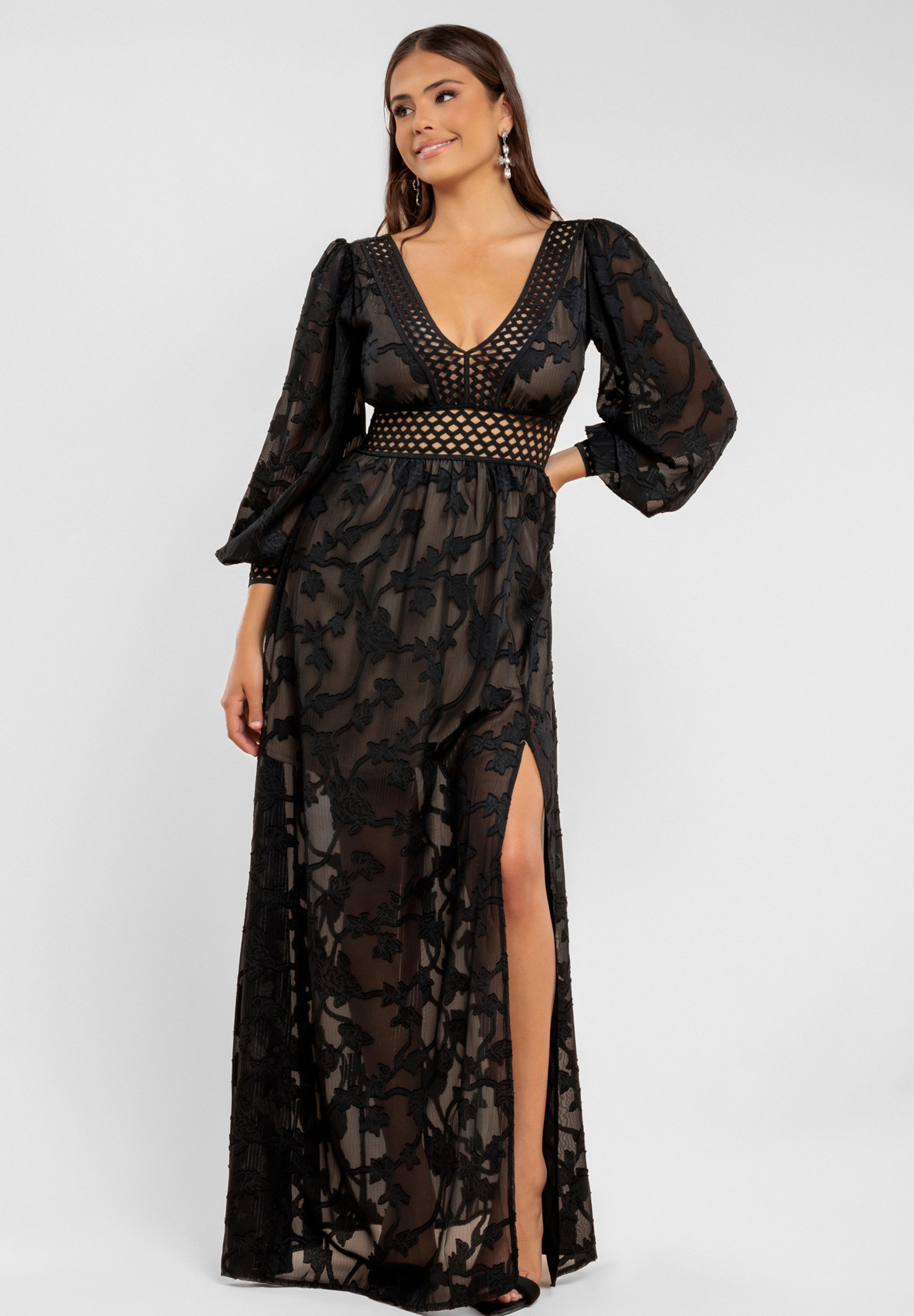 Goddiva Maxikleid Jacquard Lurex Burnout Front Split Maxi Dress langes Klei günstig online kaufen