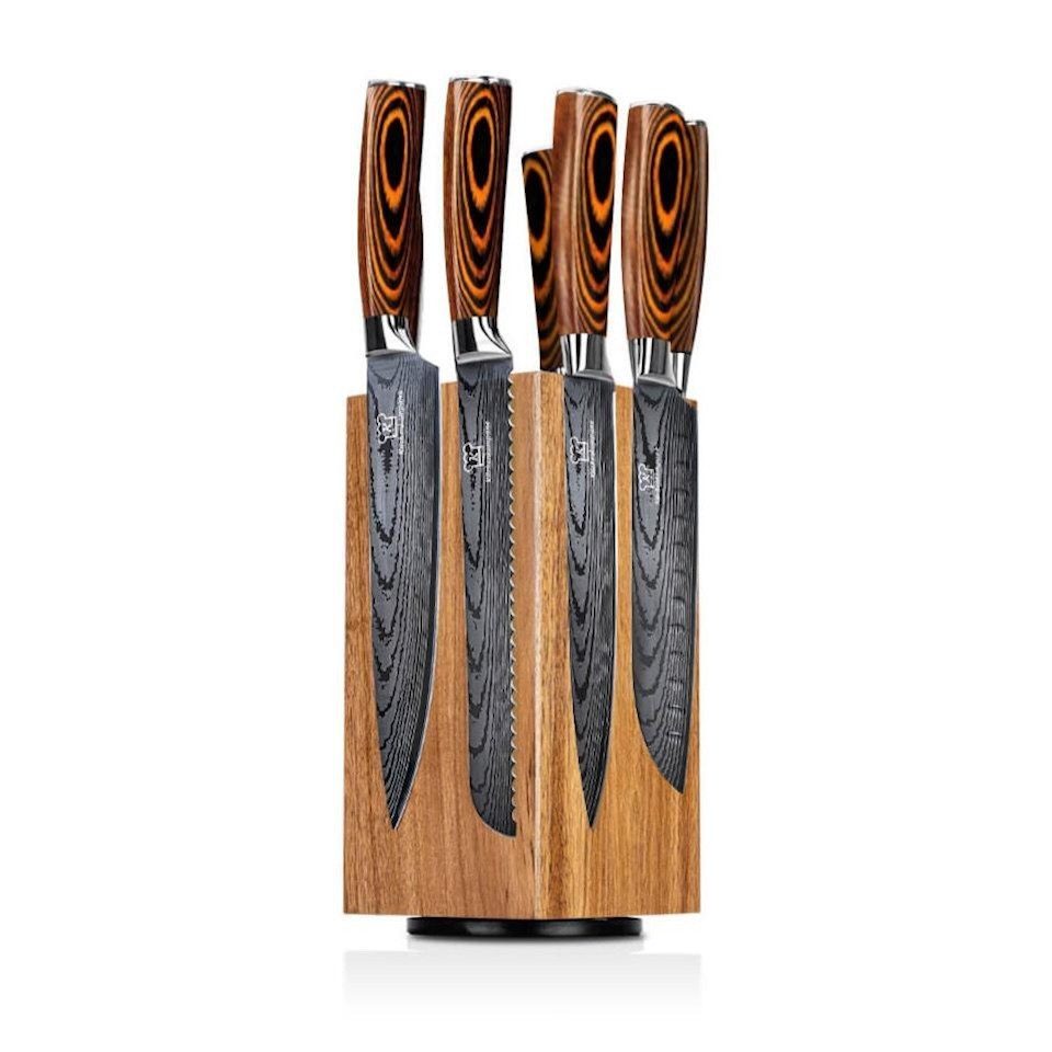 Küchenkompane Messer-Set Profi Pakkaholz mit drehbarem Magnet-Messerblock Tsuisuto (2-tlg), Magnetischer Messerblock Akazienholz,360° drehbar,8 Edelstahlmesser