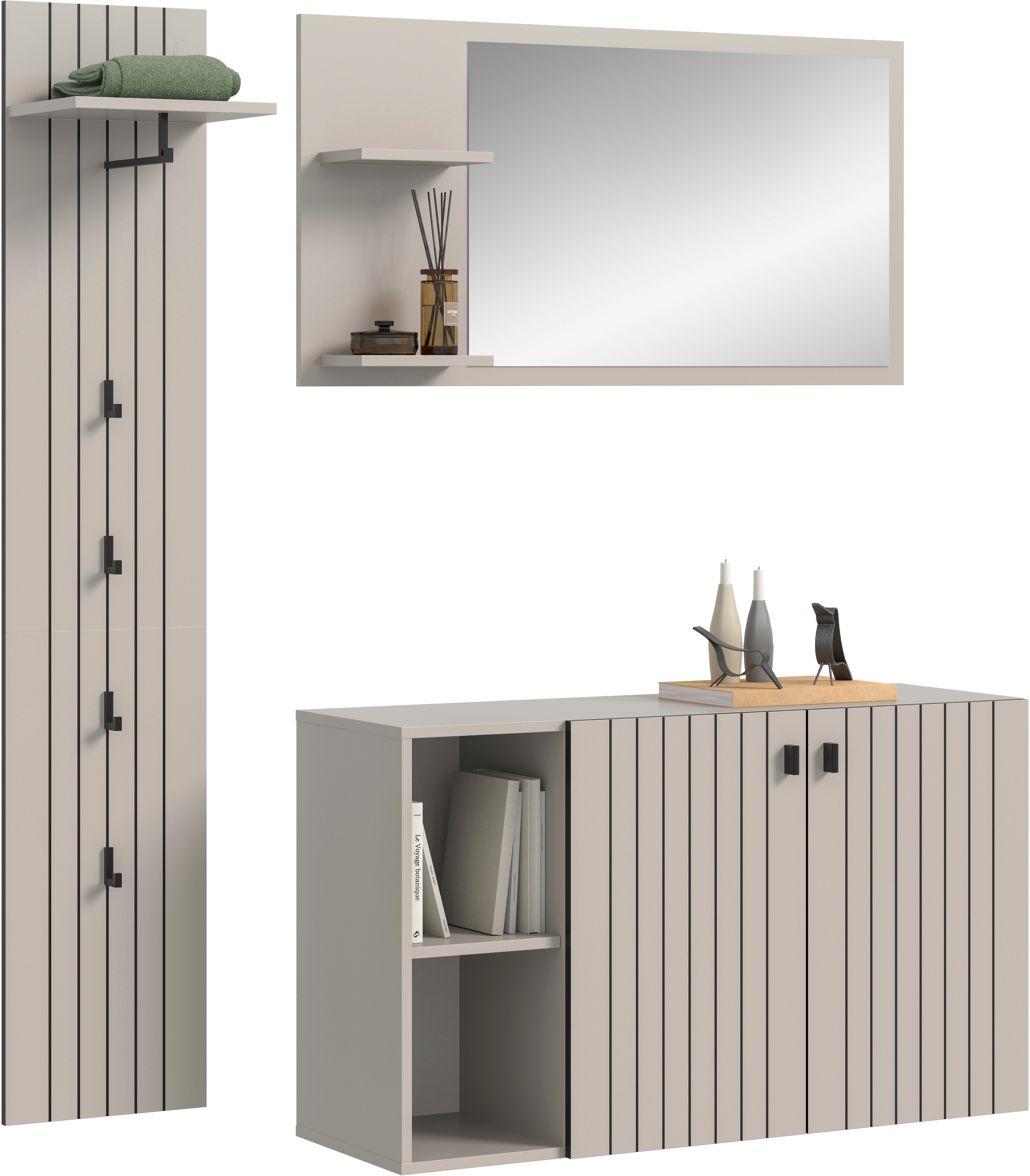 Home affaire Garderoben-Set TATIO, 3-tlg. Garderobenkombination, Breite: 152 cm Rillenfräsung, (Set, 3-St., Set, best. aus: 1 Spiegel, 1 Garderobenpaneel, 1 Schuhkommode), Garderobenkombination, Kombi, Flur-Möbel, Spiegel, Kommode