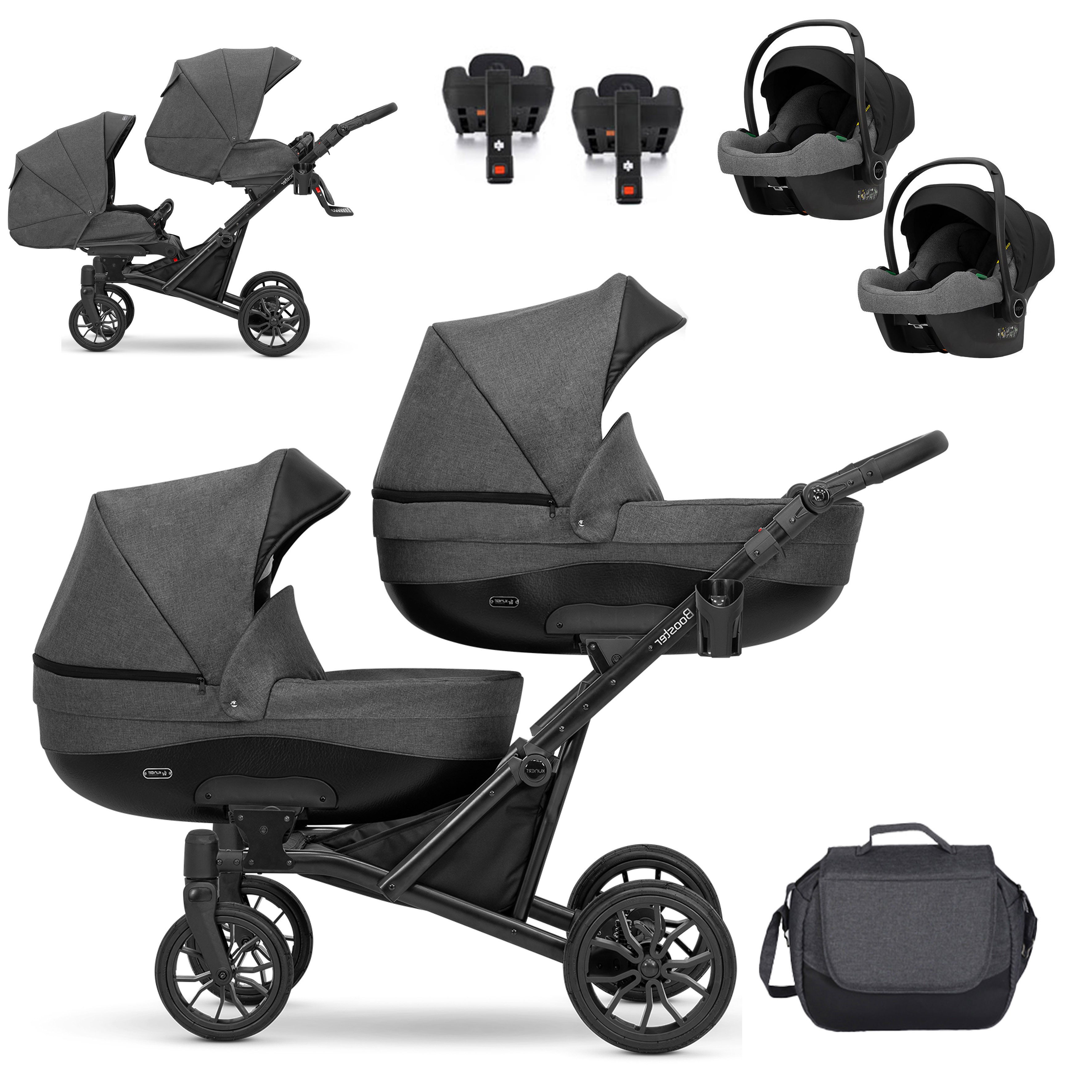 Zwillings-Kombikinderwagen Twin-Go 5 in 1 inkl. Sportsitze, Autositze und Iso Bases in 3 Farben