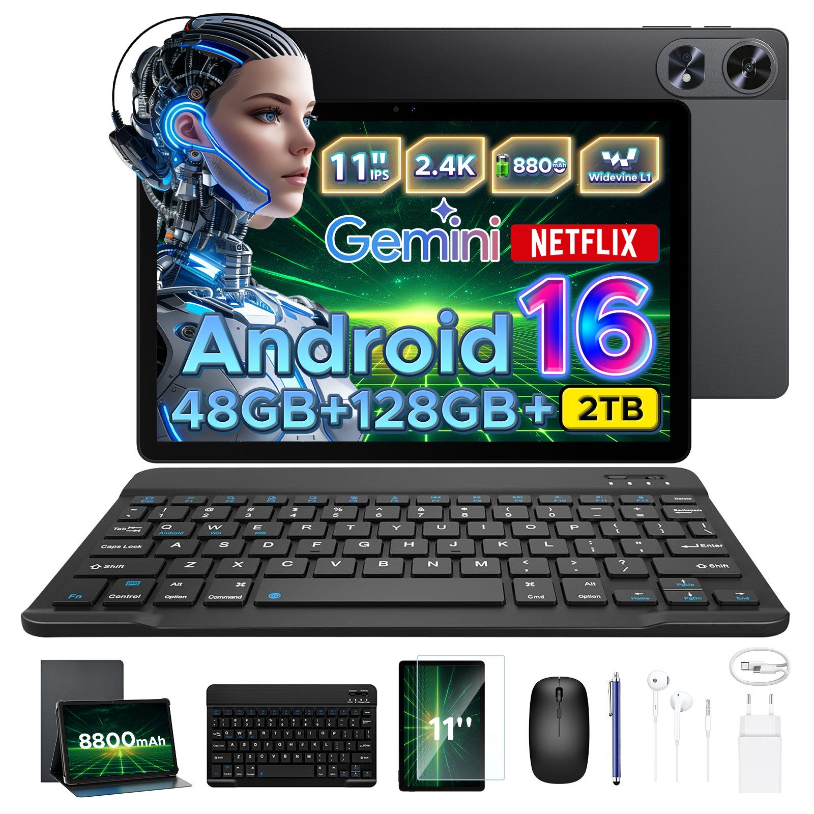 Aorlym P11 Pro Android 16 Tablet mit Tastatur,90Hz,128GB ROM,8800mAh,11 Zoll Tablet (11", 128 GB, Android 16, WiFi, 48GB RAM (8 + 40 GB erweitert), GPS, Face ID, 5G WiFi, Gemini AI)