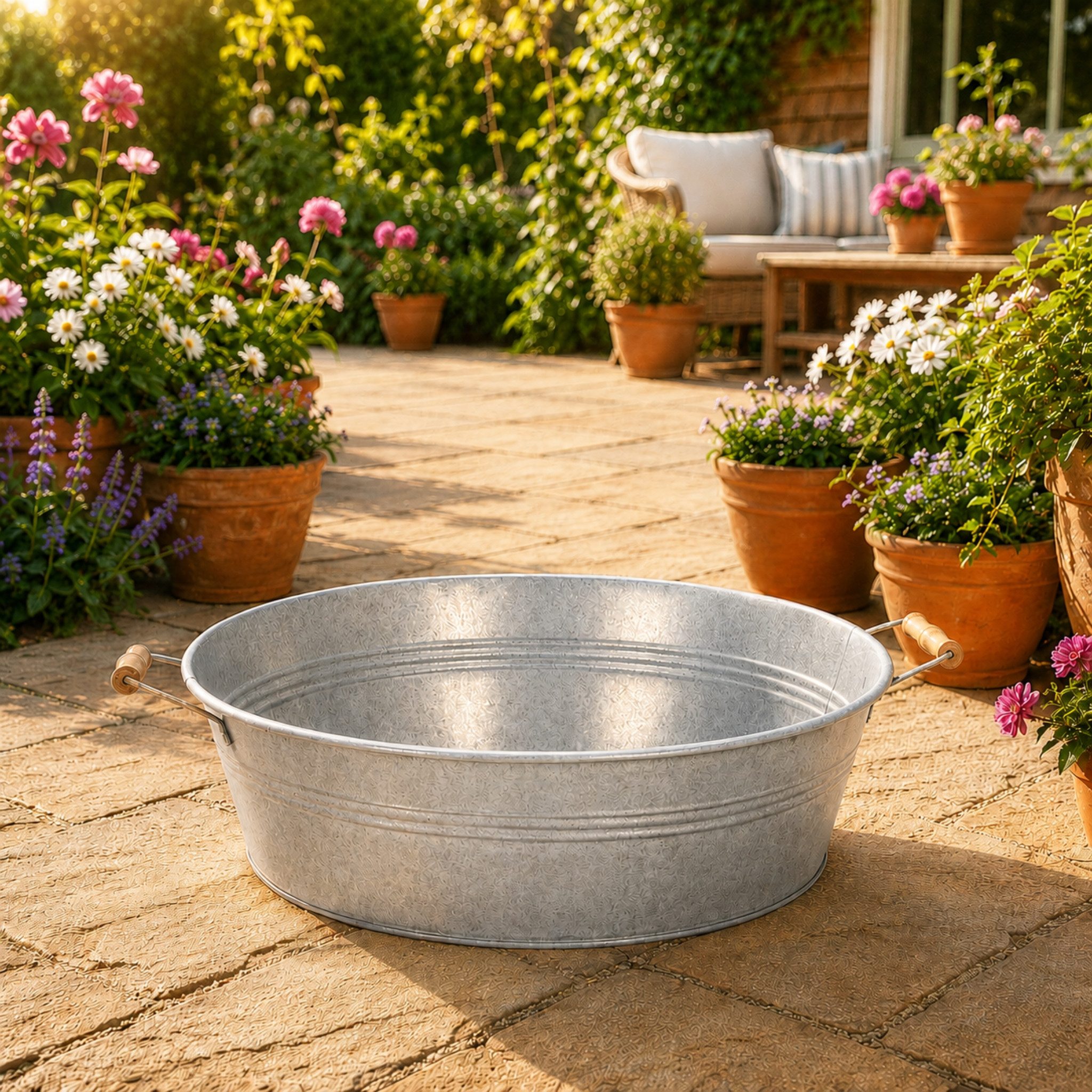 matches21 HOME & HOBBY Blumentopf Große Zinkwanne mit Holzgriffen als wetterfeste Deko-Schale 50 cm (1 St), Metall-Schale für Draußen als Garten Pflanzschale Solarbrunnen