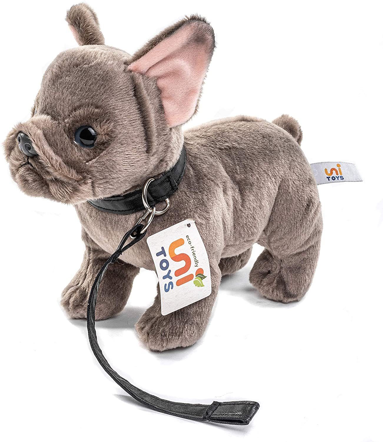 % - Bulldogge Französische cm m.Leine 26 Plüschtier, Kuscheltier 100 Uni-Toys - recyceltes Füllmaterial zu grau, Plüsch-Hund,