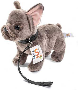 Uni-Toys Kuscheltier Französische Bulldogge grau, m.Leine - 26 cm - Plüsch-Hund, Plüschtier, zu 100 % recyceltes Füllmaterial