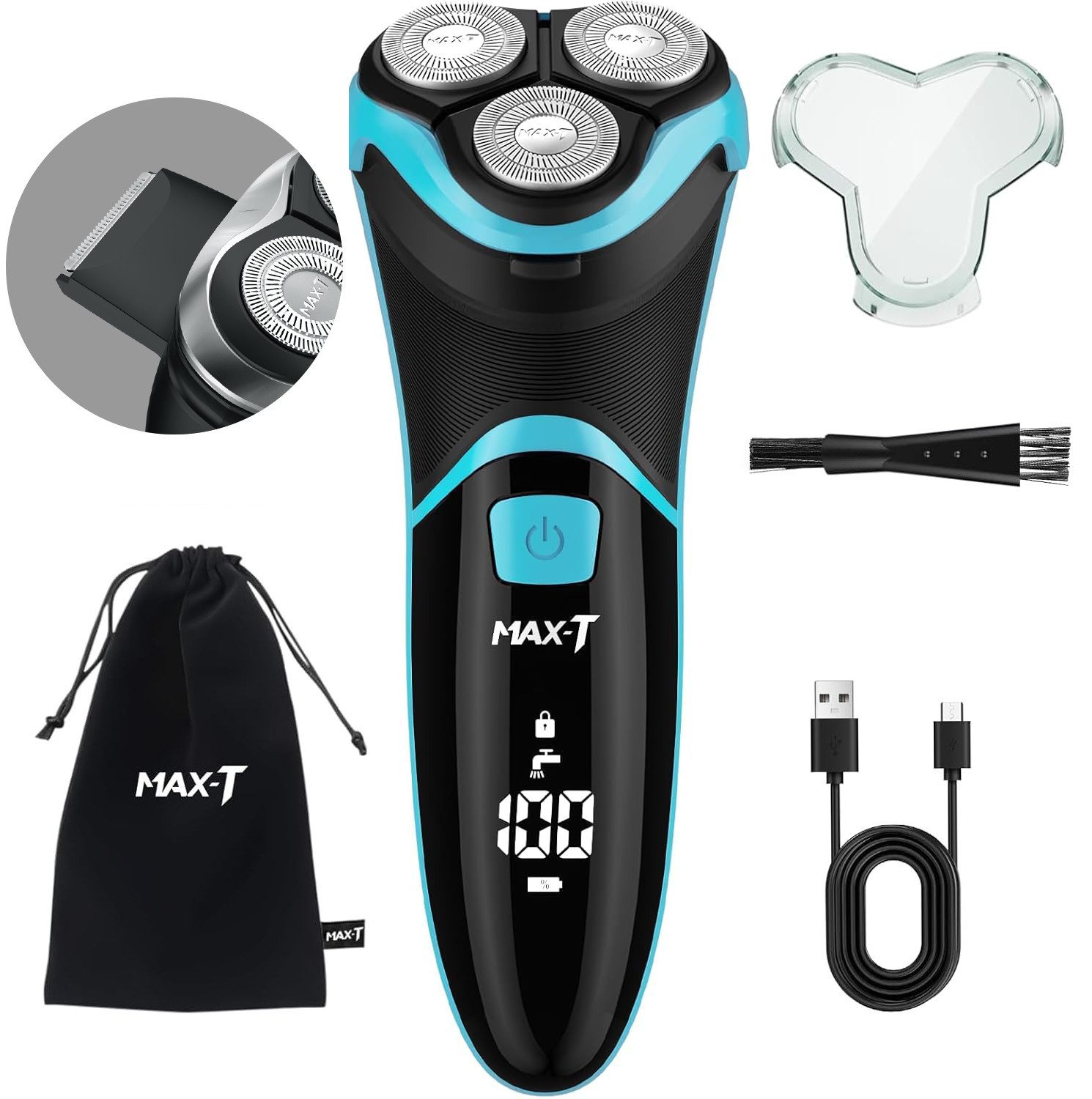 MAX-T Elektrorasierer Elektrischer Rasierer Wet & Dry, mit LED-Reisesicherung, mit ausklappbarem Präzisionstrimmer