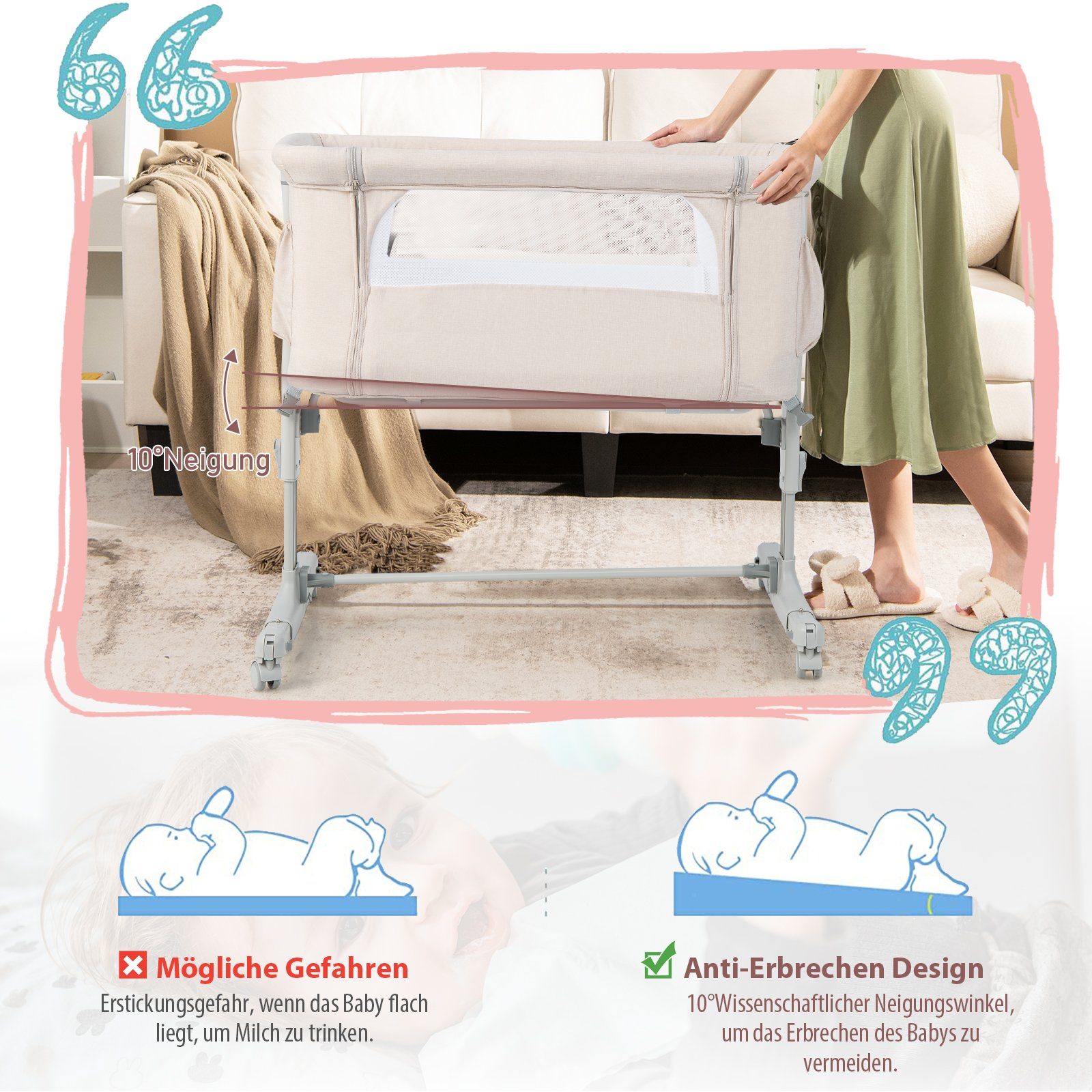 COSTWAY Beistellbett 3 in 1 Reisebett, 5-stufig höhenverstellbar,Matratze – Bild 4 von 5