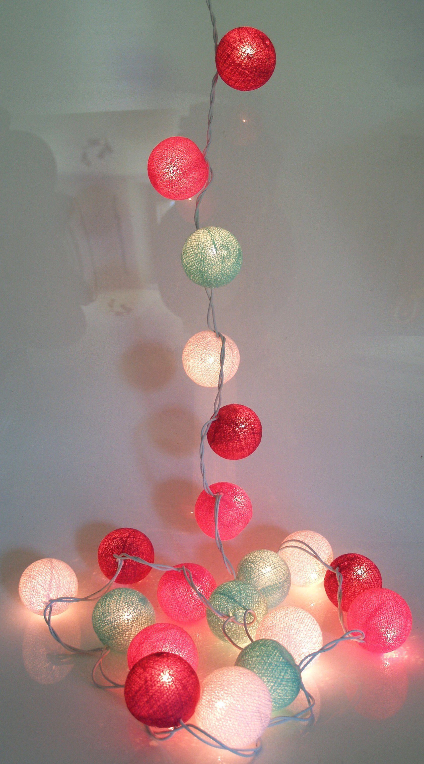 Lichterkette, türkis/weiß/rot Lampion.. Ball LED-Lichterkette Guru-Shop Kugel Stoff LED