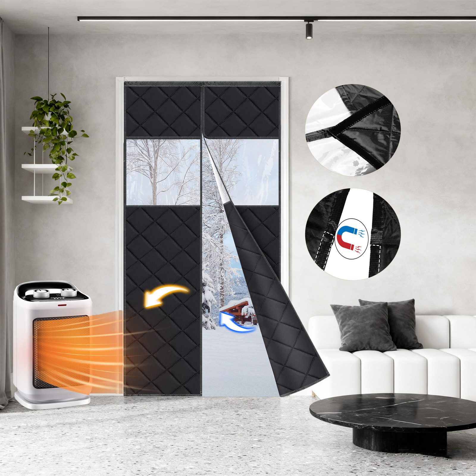 BTTO V&G Raumteilerregal Magnetvorhang Gesteppter Türvorhang mit Fenster, Selbstklebend, 89x218cm, Kälteschutz Wärmeschutz Magnetisch Haustierfreundliches Design