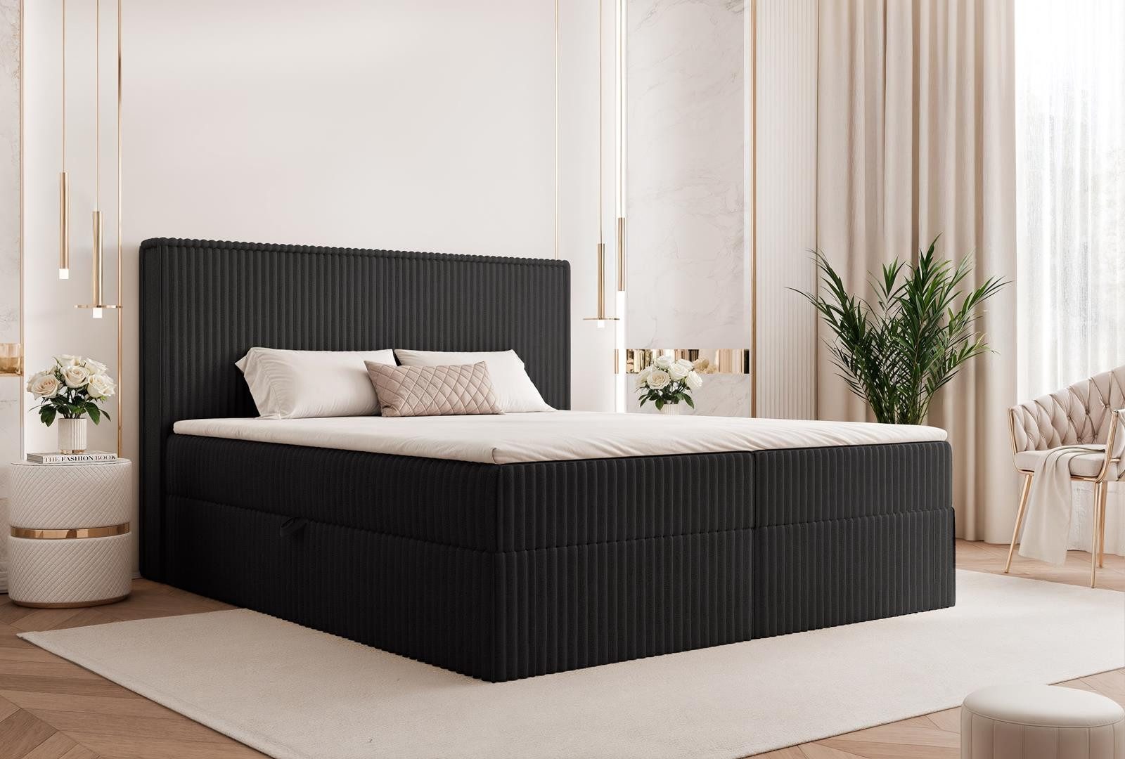 Boxbett mit zwei Bettkästen, Topper als Option, Cordstoff