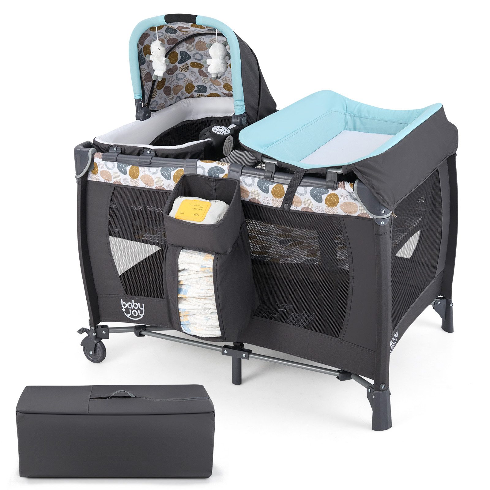 COSTWAY Baby-Reisebett, 1-tlg., Laufstall, Babybett mit Babywiege, Wickeltisch, Matratze