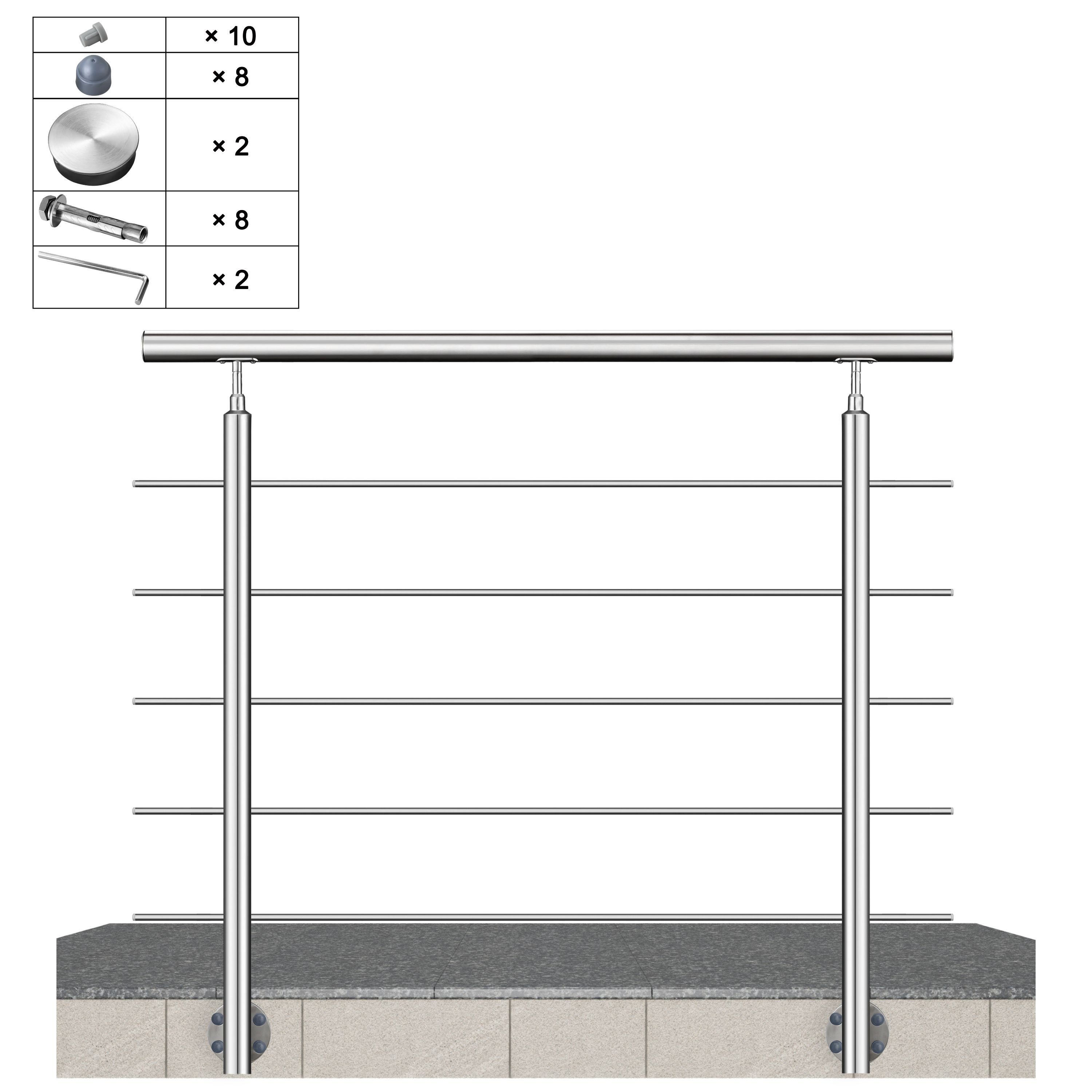 AICA Treppengeländer Geländer-Set aus Edelstahl 304 Seitenmontage Verlängerbar L 100-240 cm, 100 cm Länge, Packung, 5-tlg., V2A, höhen- und winkelverstellbar, wahlweise mit 3 oder 5 Querstreben