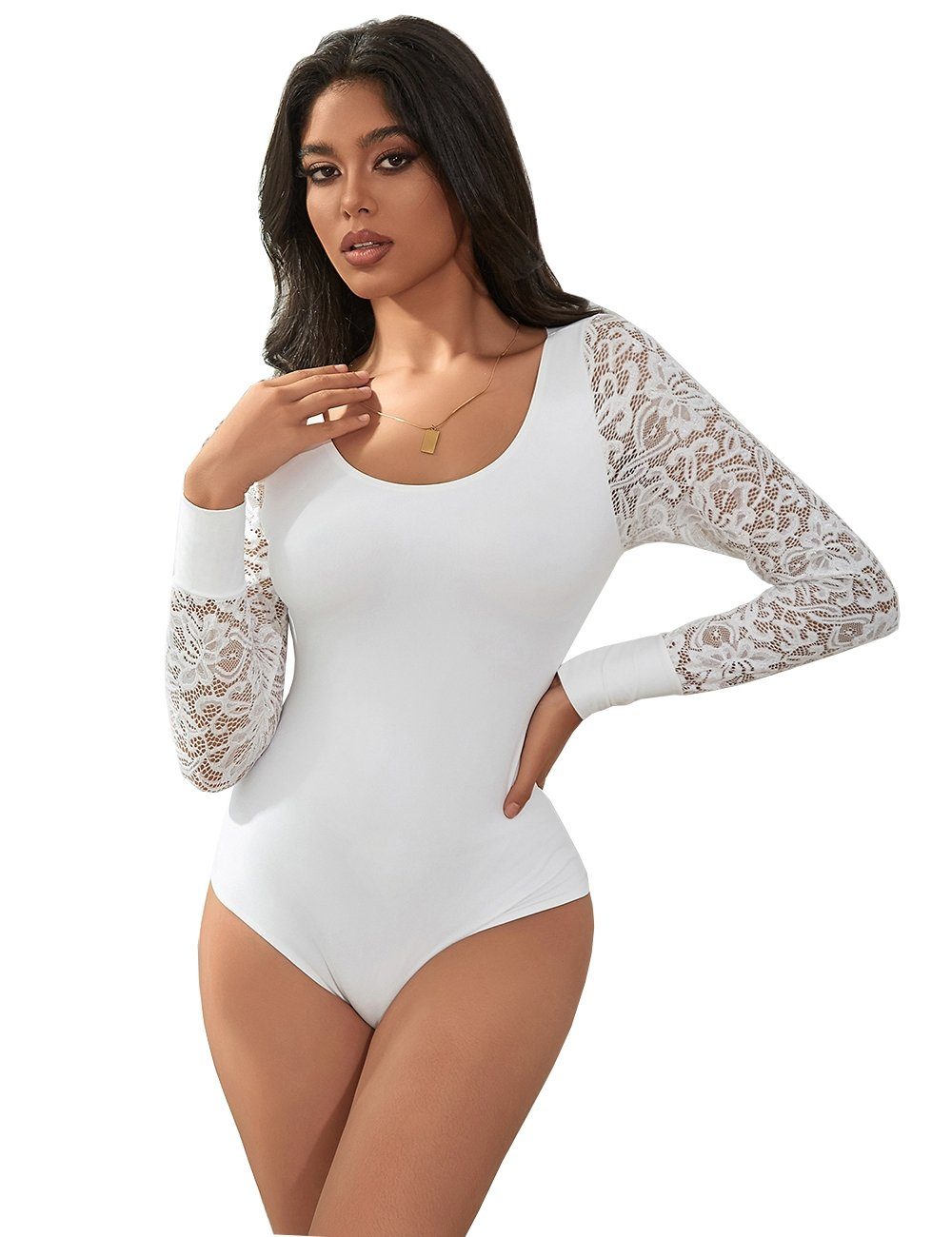 Lau-Fashion Body Bodysuits Langarm Spitze Lace Unterwäsche Blumen Reizwäsche S/XL