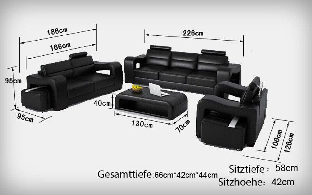 JVmoebel Wohnzimmer-Set Garnitur Leder Sofa mit USB Polster Couchen Sofas Wohnlandschaft 3+2+1, (4-St) Schwarz