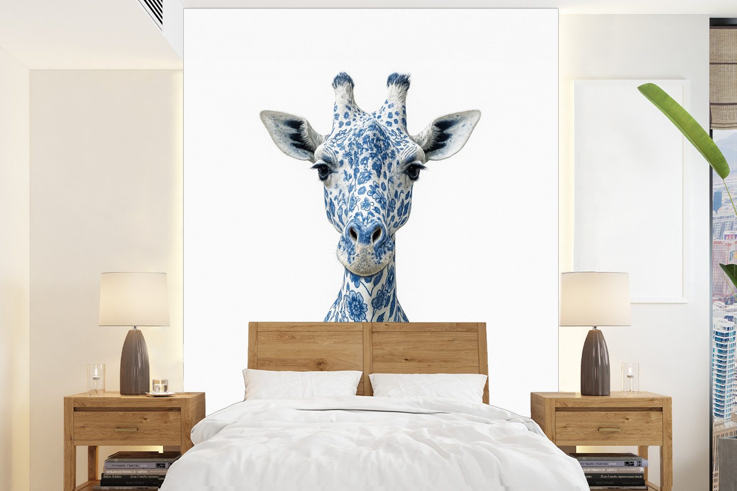 MuchoWow Fototapete Giraffe - Delfter Blau - Tiere - Minimalistisch, Matt, bedruckt, Wallpaper für Wohnzimmer, Schlafzimmer, Vinyl Tapete, 165x220 cm