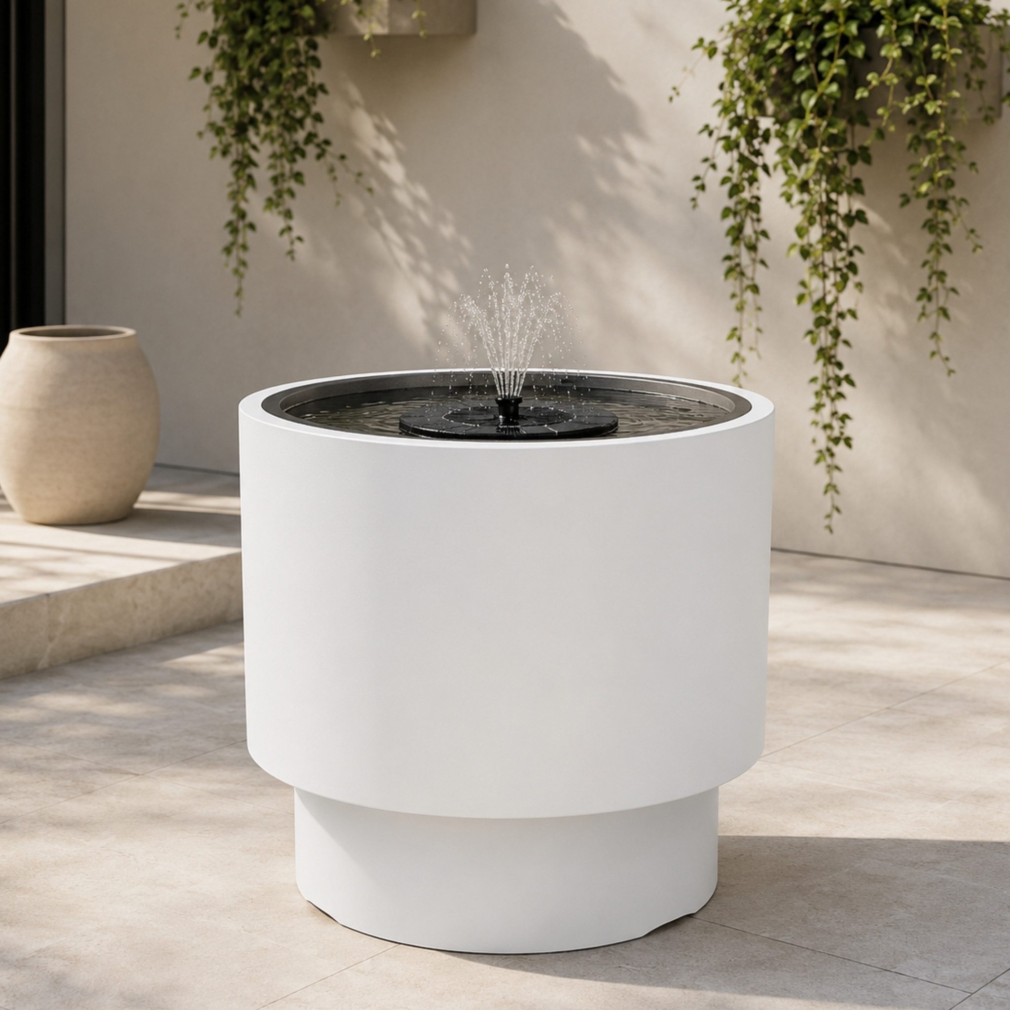 matches21 HOME & HOBBY Wasserspiel Solarbrunnen Outdoor Set mit großer Ø 47x44 cm Schale weiß, (2 tlg), Solar-Fontäne Garten Balkon Zierbrunnen Wasserspiel