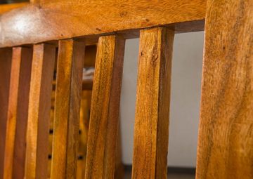 Massivmoebel24 Holzstuhl OXFORD (Extravaganter Stuhl, mit luftiger Rückenlehne die bis zum Boden reicht, inklusive Polsterung, braun lackiert 43x50x109 Akazie montiert), hochwertiges Edelholz, authentische Holzadern, aufwendige Schnitzereien und Verzierungen