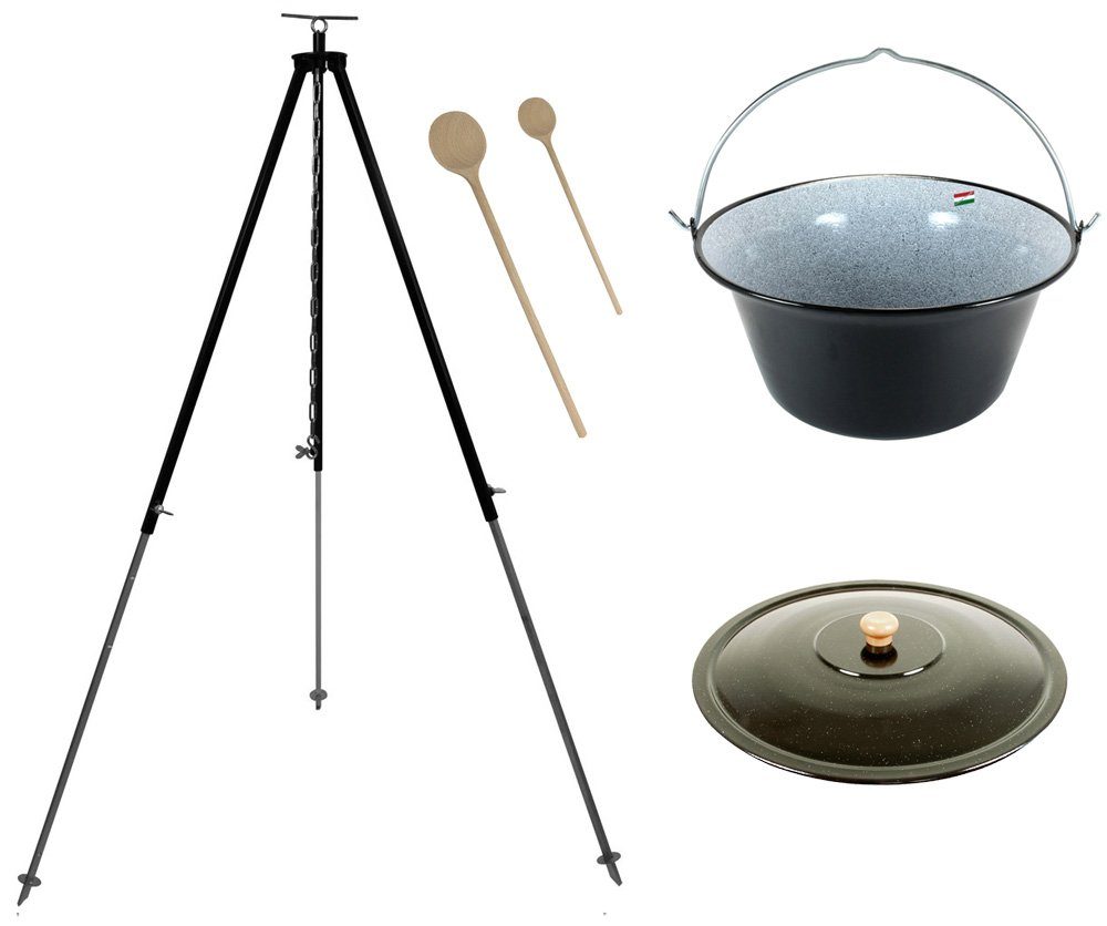Grillplanet Schwenkgrill Gulaschkessel 15 Liter Dreibein 180cm Deckel und 2 x Kochlöffel, Komplett Set