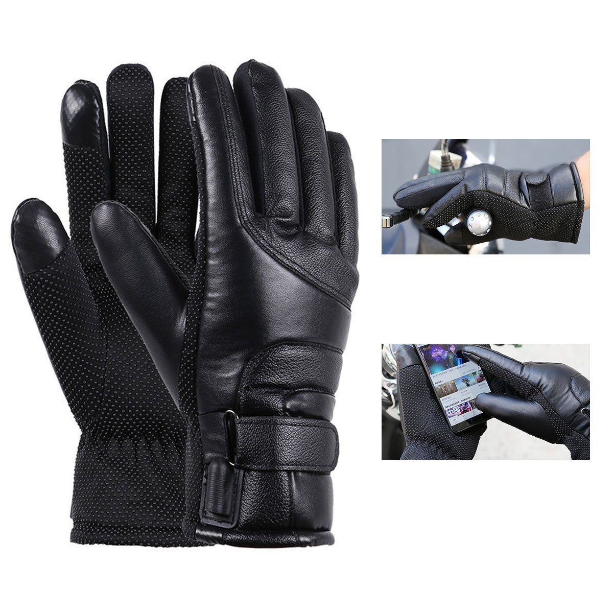 DOPWii Fahrradhandschuhe Elektrofahrzeug Beheizte Handschuhe,Wasserdichte,Warme,PU-Handschuhe Schwarz