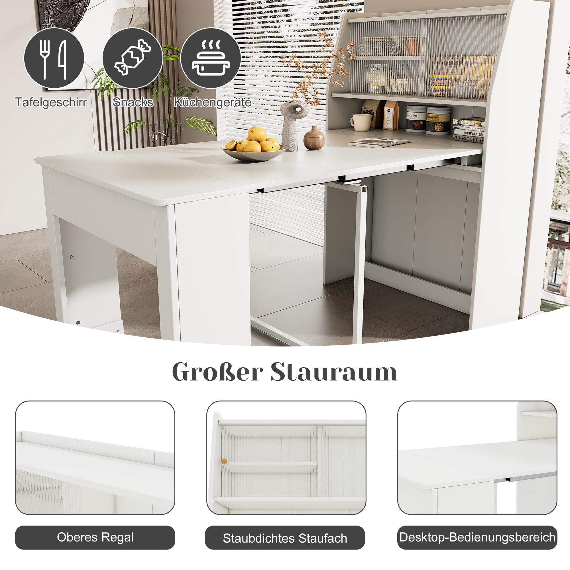 Tongtong Bartisch Einweg-Ausziehtisch, Esszimmer-Stauschrank, Esstisch mit Stauraum, (52/132.5 x 80 x 76cm), Bis 60 kg belastbar,Platzsparender Multifunktions-Esstisch, Weiß