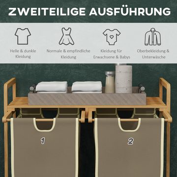 HOMCOM Wäschekorb Wäschebox mit 2 abnehmbaren Wäschesacke (Wäschesammler, 1 St., Wäschesortierer), für Badezimmer Bambus Creme 63,5 x 33 x 73 cm