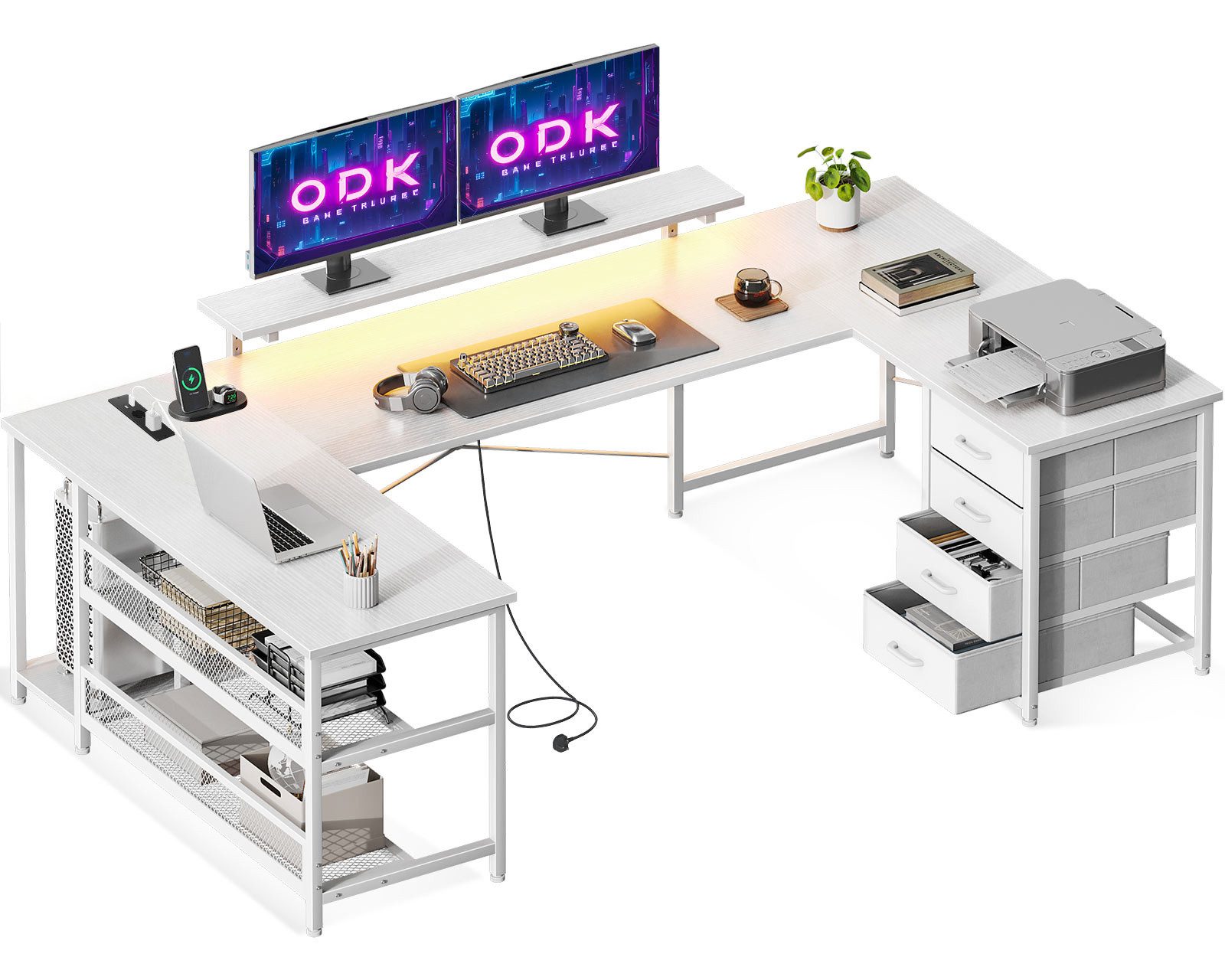 ODK Eckschreibtisch mit 4 Schubladen, 2 Steckdosen, 2 USB und LED (1 Tisch), 167×100cm