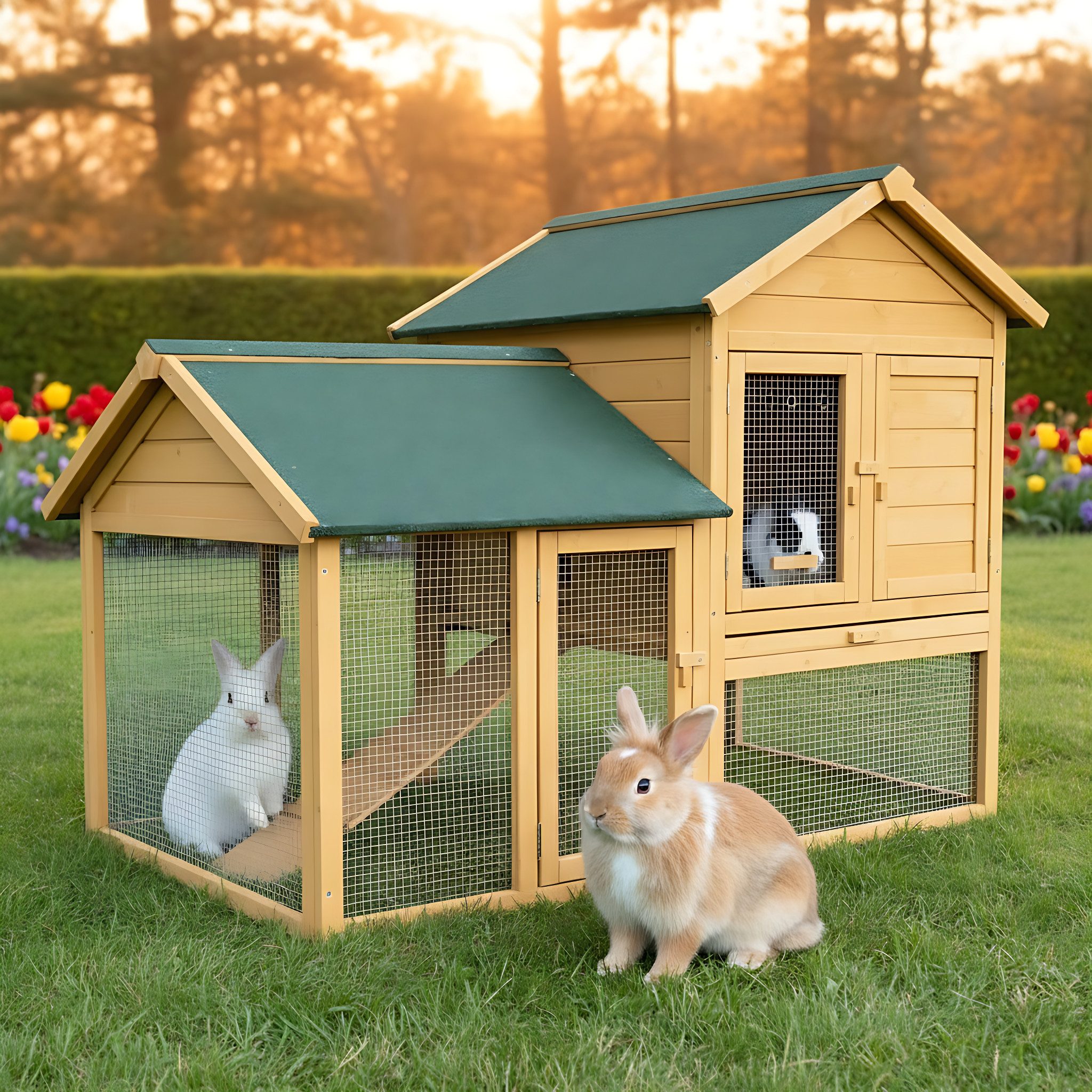 Zooprinz Kleintierstall Hasenfarm mit Auslauf 150x118x96 cm (BxHxT), Massives Kiefernholz, Bitumen Klappdach