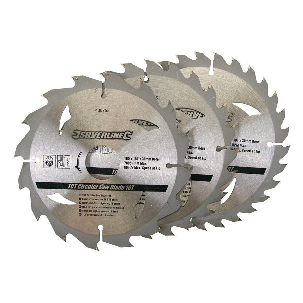 Silverline Kreissägeblatt Hartmetall Kreissägeblätter Set 160 x 30 mm mit 16, 24 und 30 Zähnen