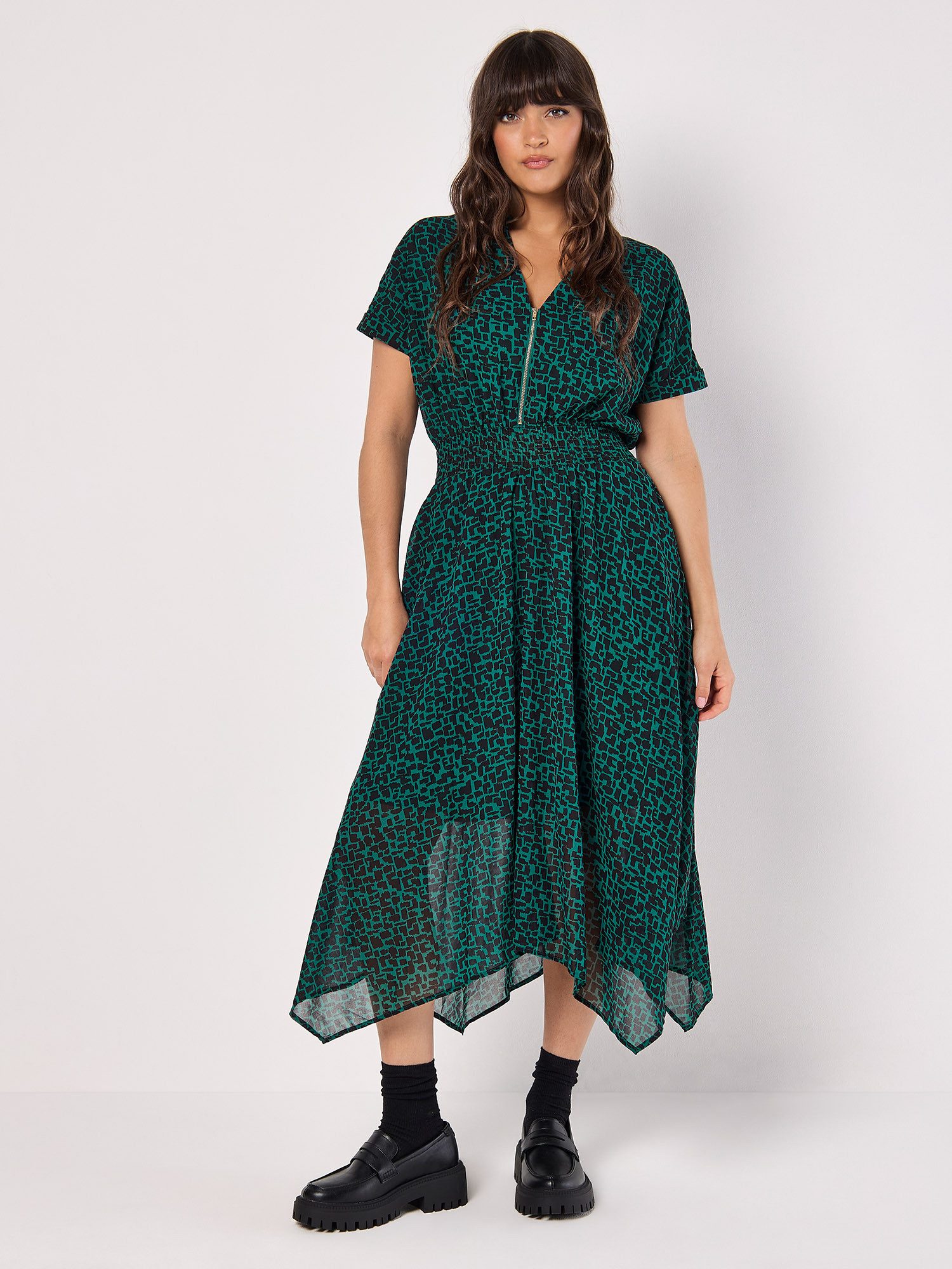 Apricot Druckkleid gemustertes Midikleid (1-tlg) mit Reißverschluss