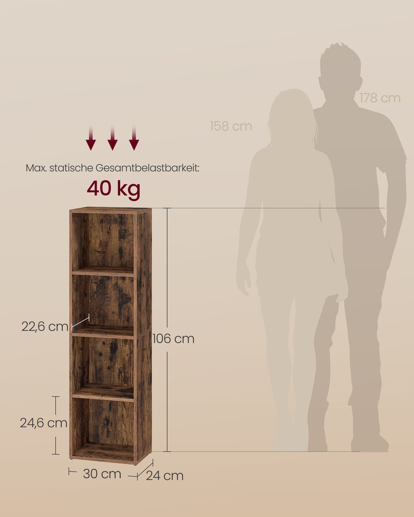 VASAGLE Bücherregal mit verstellbaren Ablagen, für Wohnzimmer, Homeoffice, Schlafzimmer, 4-stöckiges Regal, offenes Aufbewahrungsregal, 24 x 30 x 106 cm – Bild 4 von 5