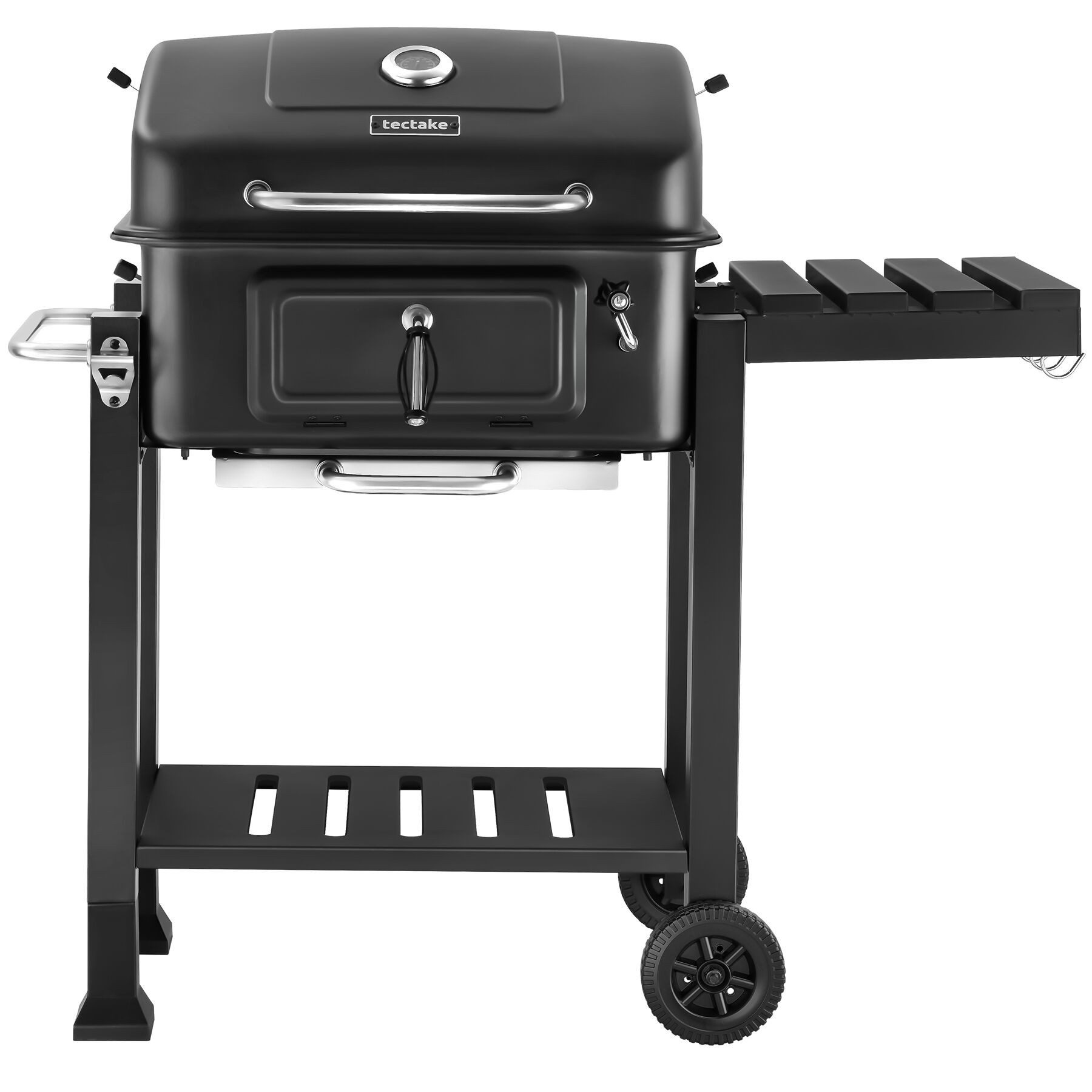 tectake Holzkohlegrill Grillwagen mit 2 Rädern, regulierbare Luftzufuhr, 110 x 64 x 104 cm, Standgrill Florian, in schwarz, mit Thermometer, Warmhalterost und klappbare Seitenablage mit 3 Haken