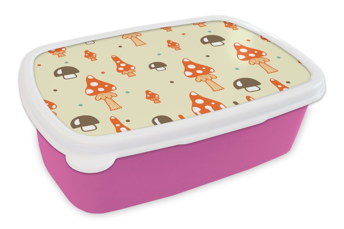 MuchoWow Lunchbox Muster - Pilz - Orange, Kunststoff, (2-tlg), Brotbox für Erwachsene, Brotdose Kinder, Snackbox, Mädchen, Kunststoff rosa