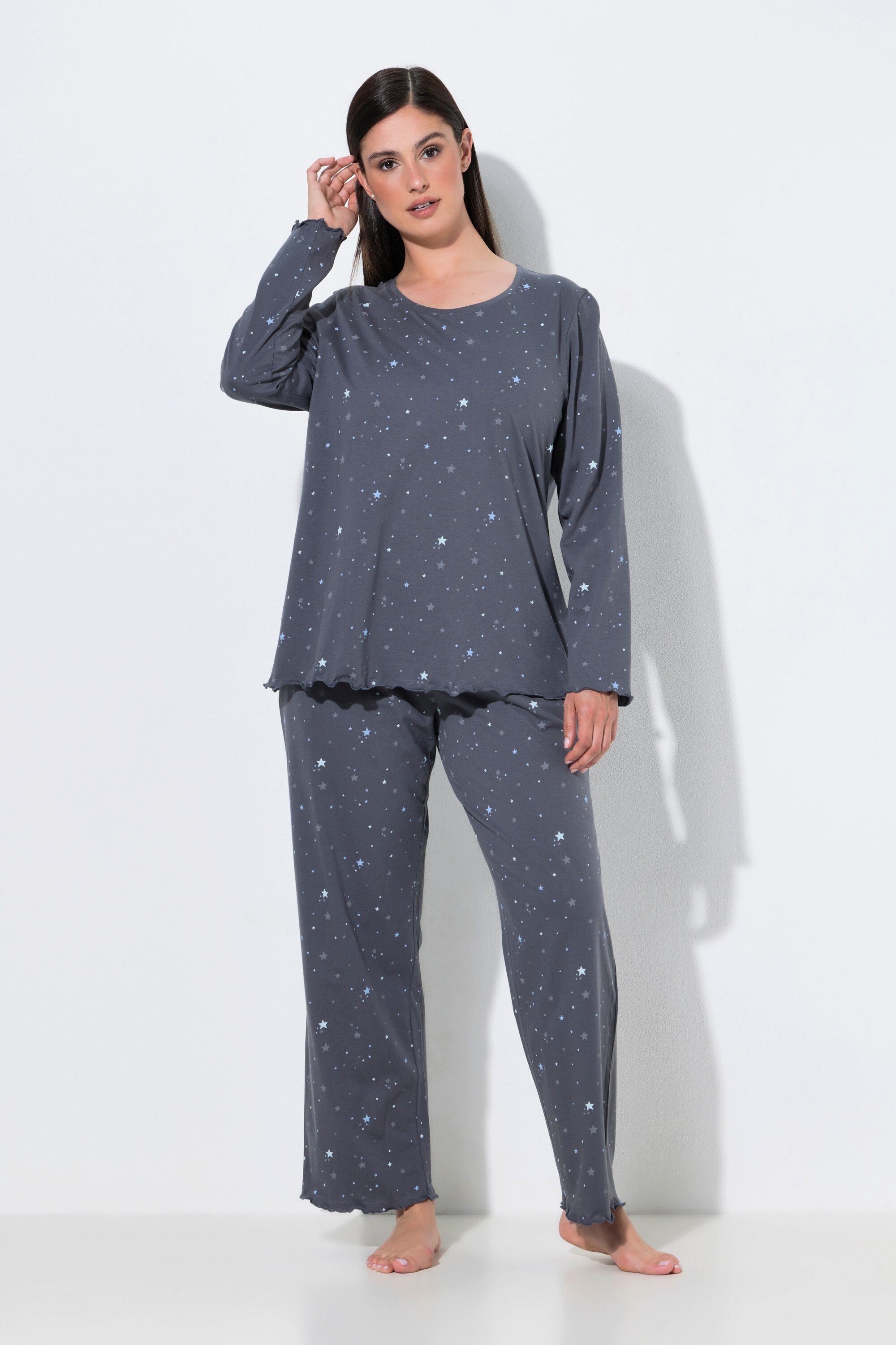 Ulla Popken Pyjama Pyjama Sterne Wellensaum Rundhals Langarm